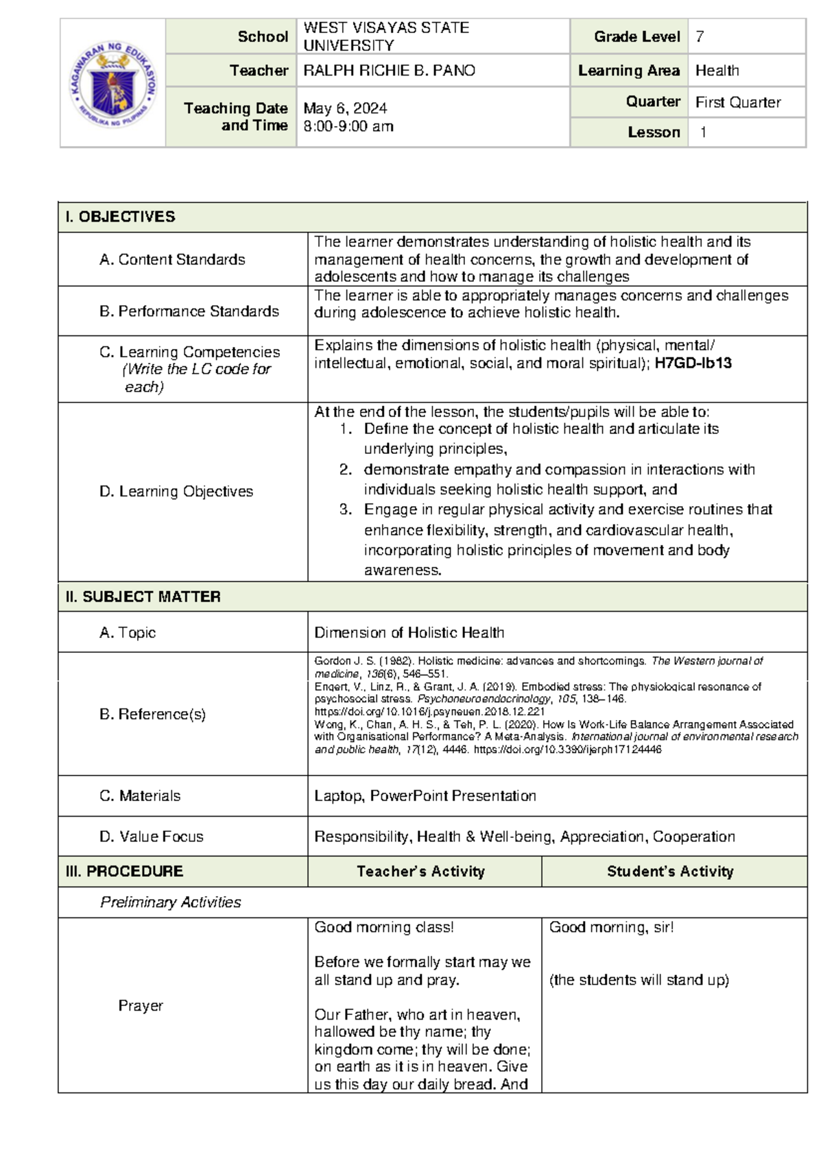 LP-HEALTH-PANO: Lesson Plan on Holistic Health for Grade 7 - Studocu