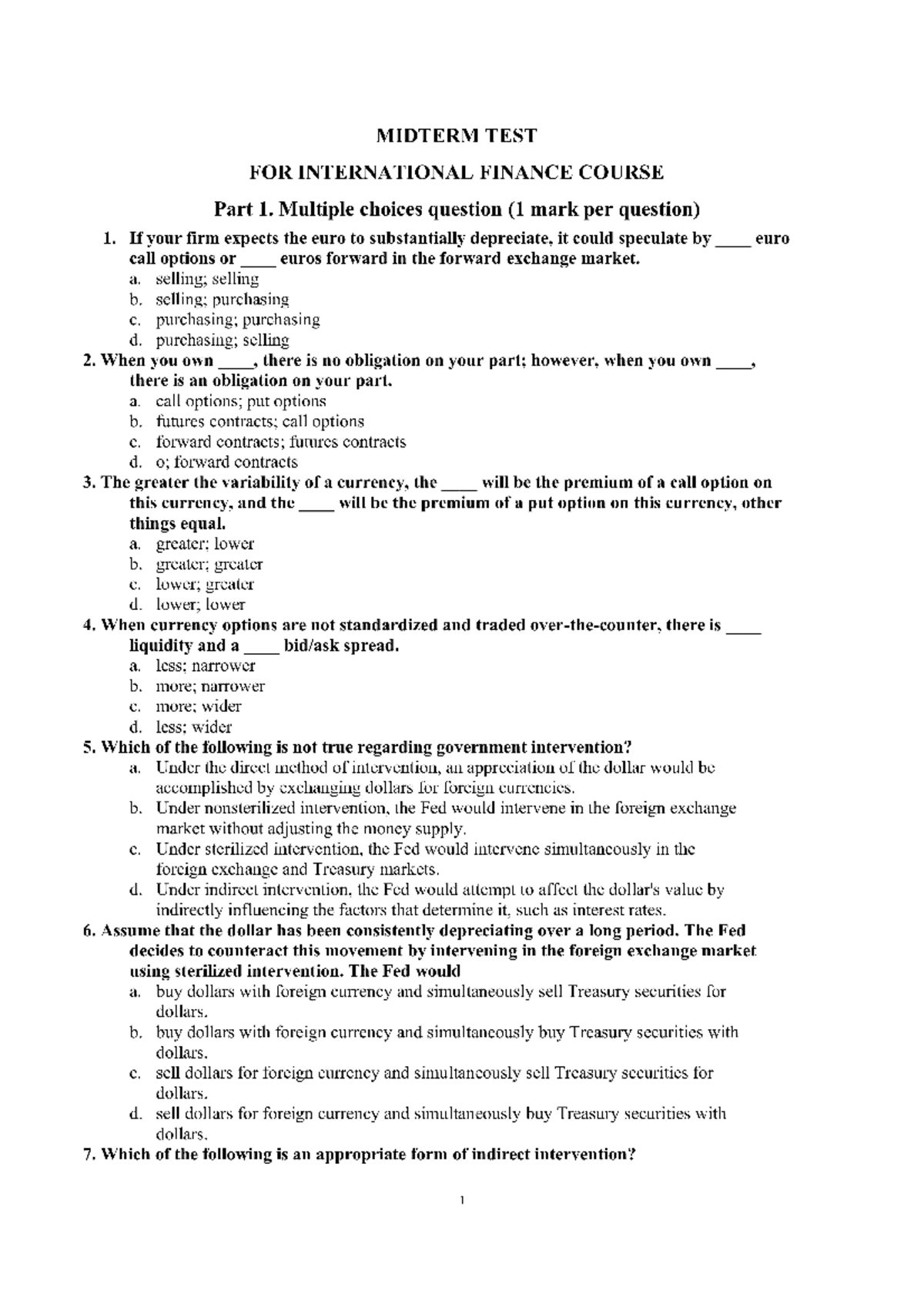 Mid 1 - useful - MIDTERM TEST FOR INTERNATIONAL FINANCE COURSE Part 1 ...