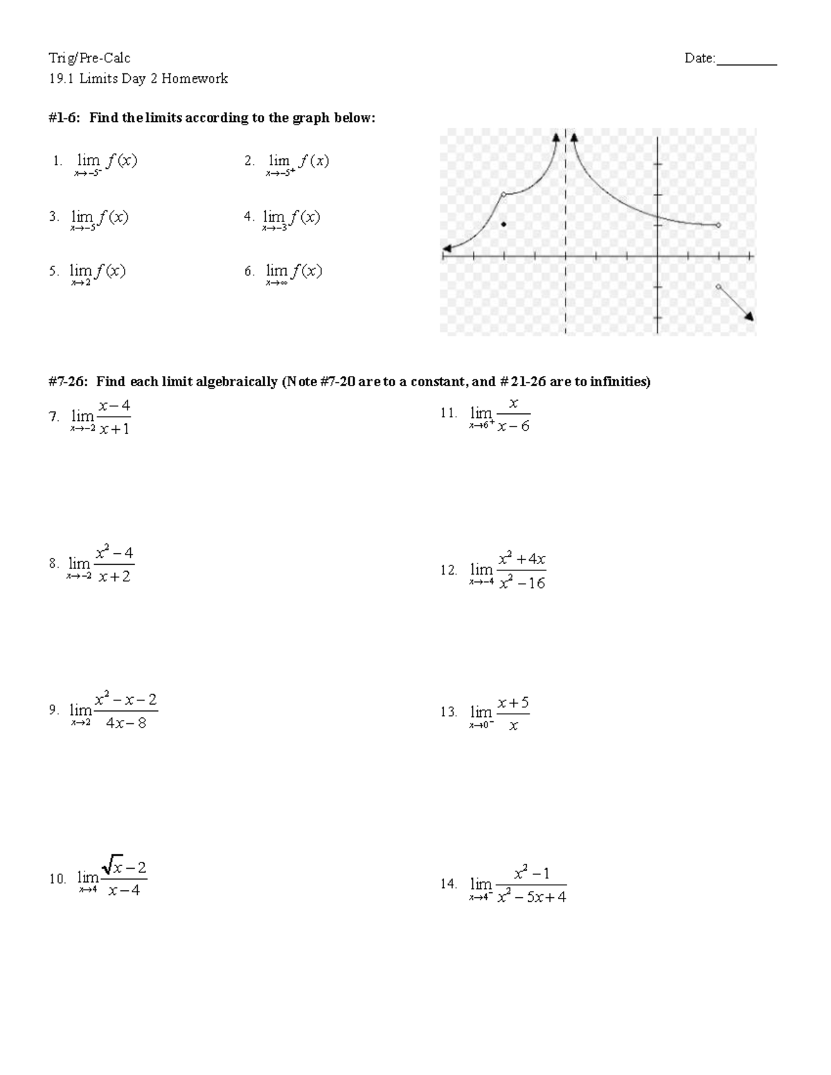 Limits Day 2 Homework (02) - Finding Limits from Graphs and Algebra ...
