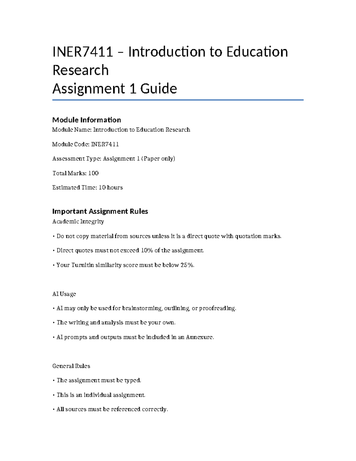 INER7411 Assignment 1 Guide: Introduction to Education Research - Studocu