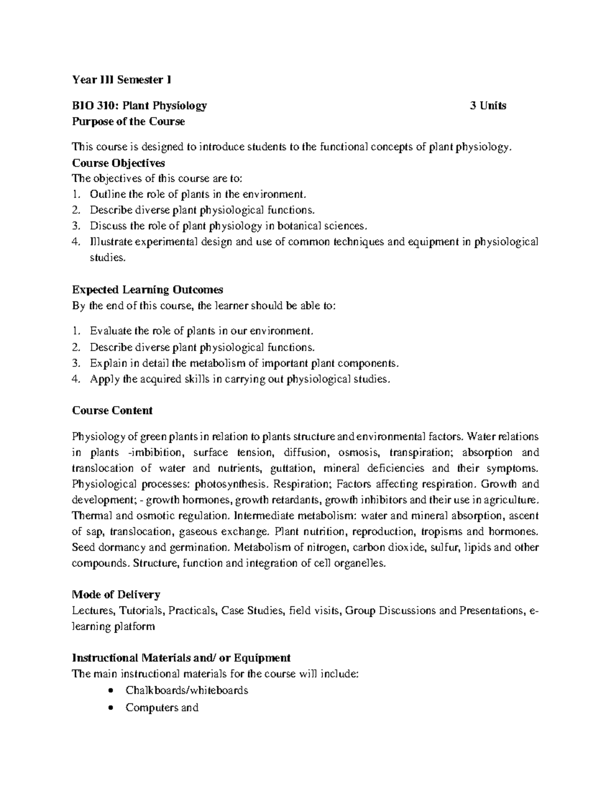 BIO 310: Plant Physiology Course Overview & Objectives - Studocu