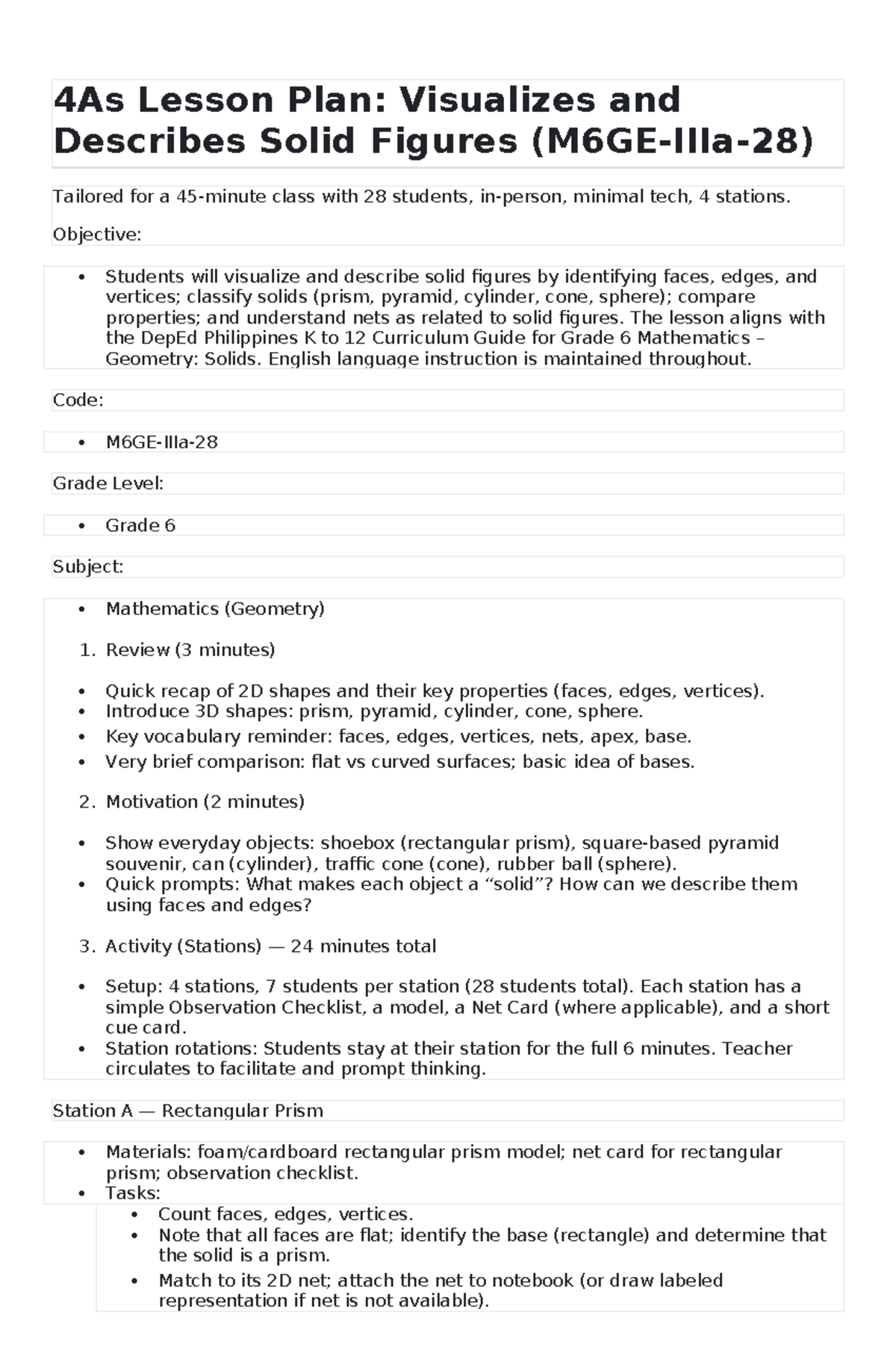 4As Lesson Plan: Visualizing Solid Figures for Grade 6 Math - Studocu