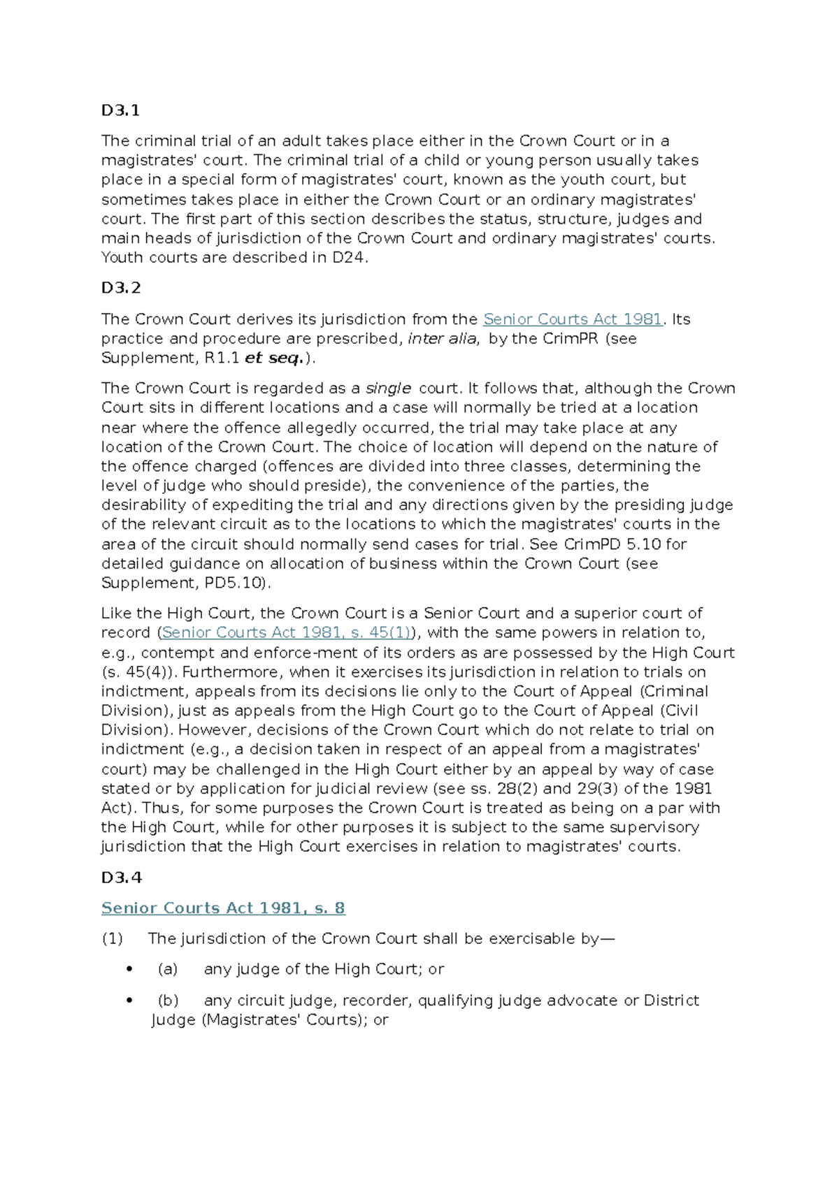 Crim 1 - Overview of Crown Court Jurisdiction and Procedures - Studocu
