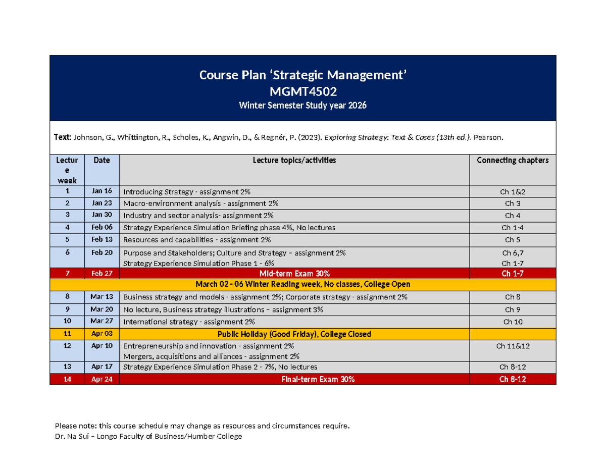 Course Plan MGMT4502 Winter 2026: Lecture Schedule & Assignments - Studocu