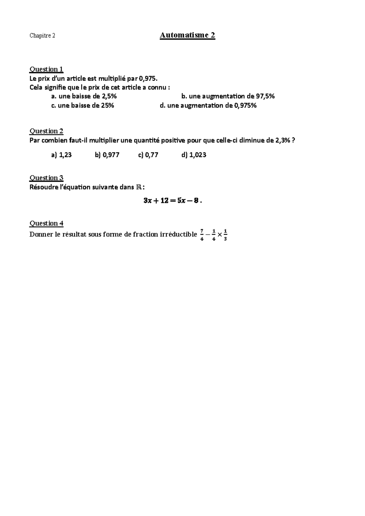Automatisme 2 Chapitre 2 Questions et Résolutions Mathématiques - Studocu