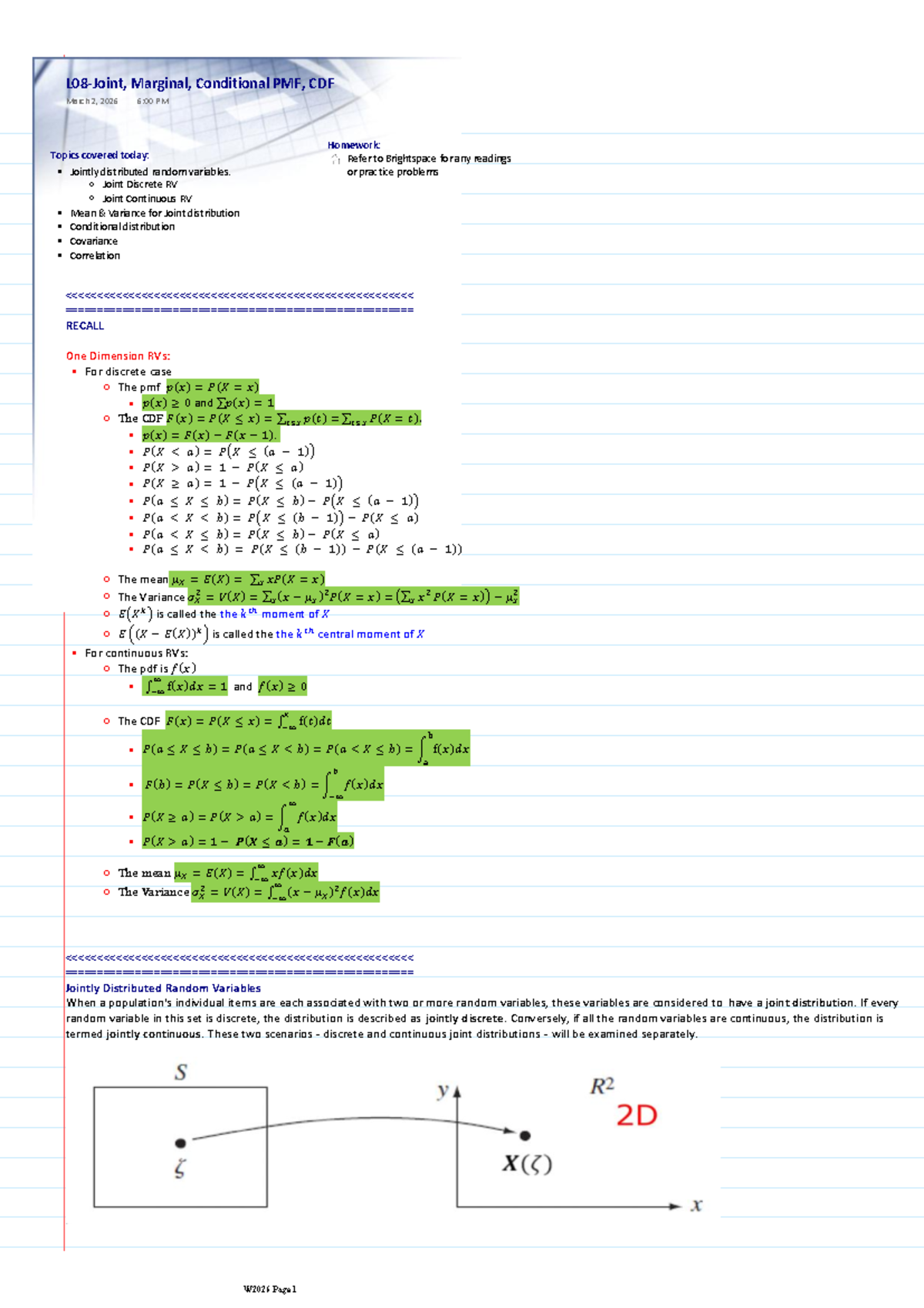 L08 - Joint, Marginal, Conditional PMF & CDF Notes - Studocu