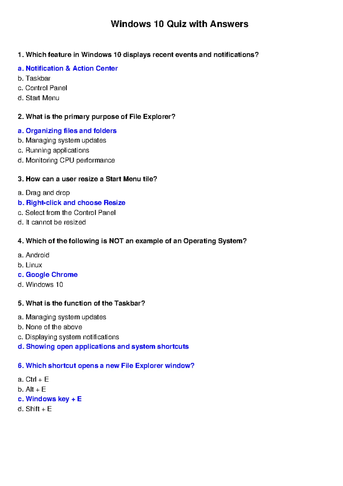 Windows 10 Quiz Correct Answers Highlighted - Windows 10 Quiz - Correct ...