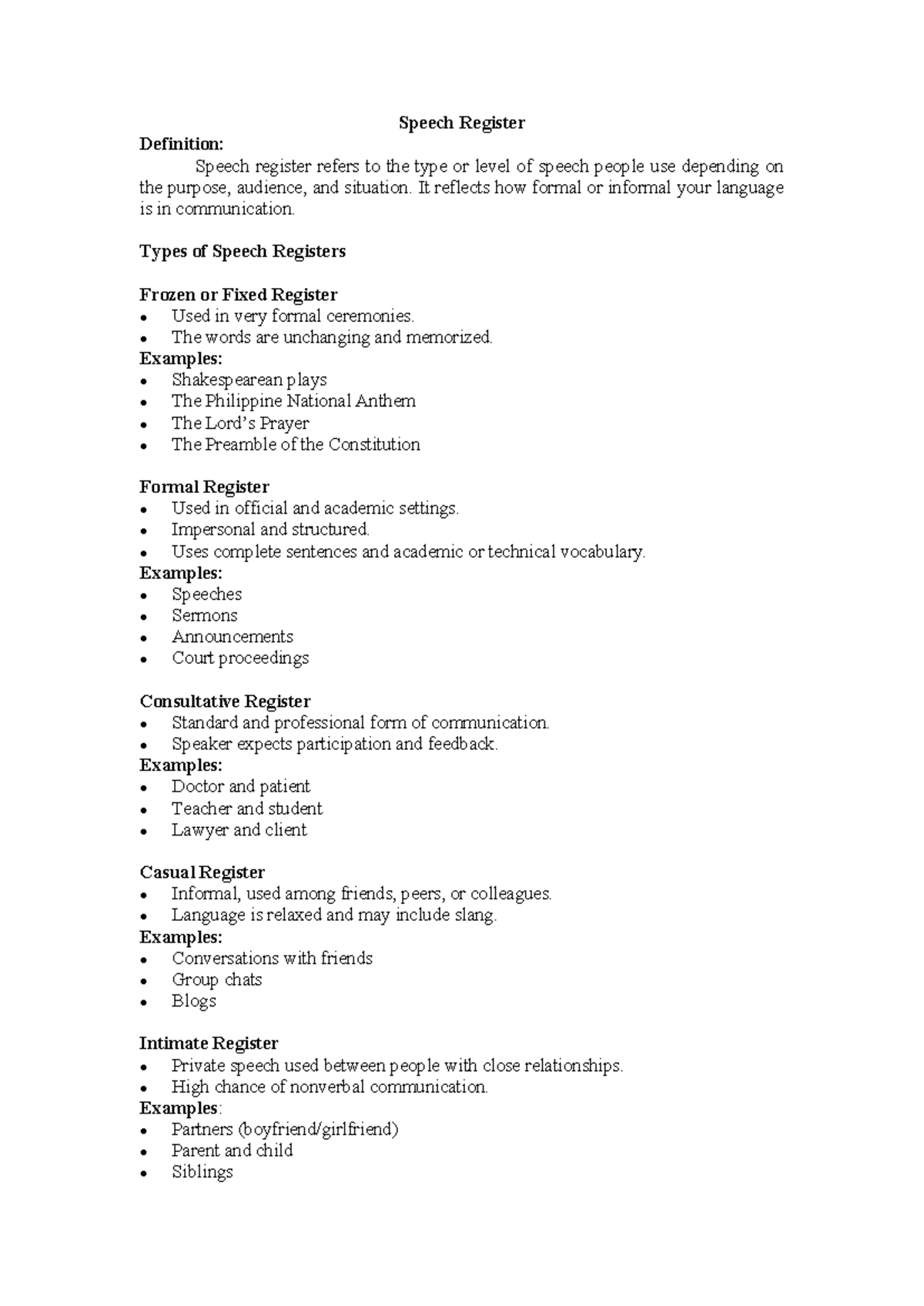 Speech Register Types and Definitions: A Comprehensive Guide - Studocu