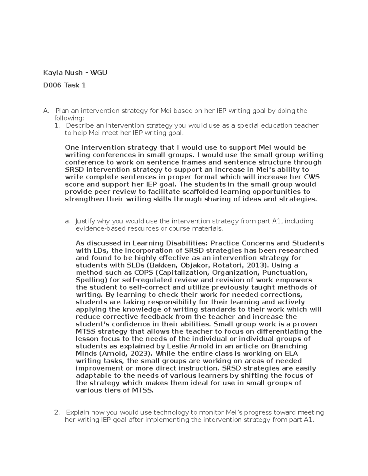 D006 Task 1: Intervention Strategies for IEP Goals in Writing and ...