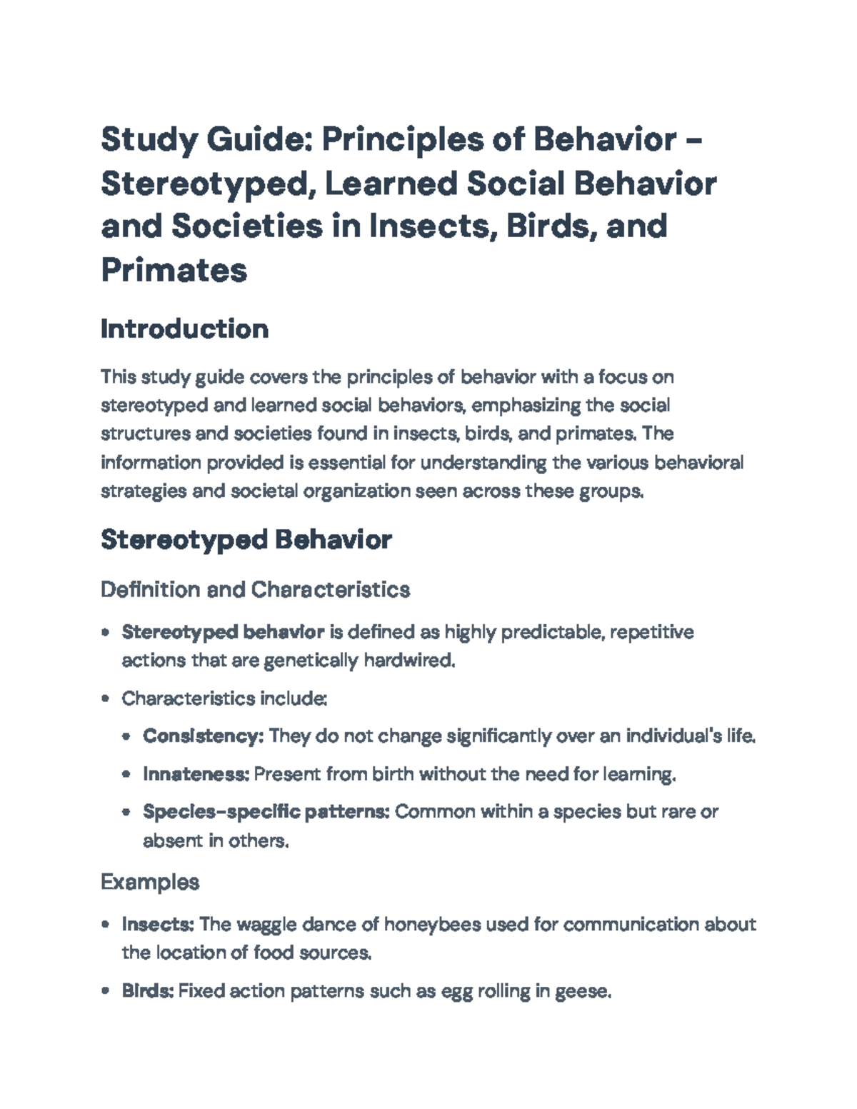 Study Guide: Principles of Behavior in Insects, Birds, & Primates ...