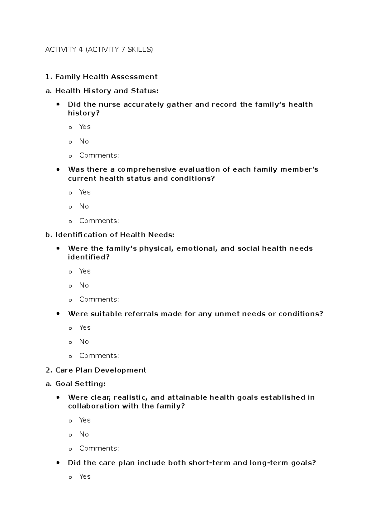 Skills 4 - ACTIVITY 4 (ACTIVITY 7 SKILLS) Family Health Assessment a ...
