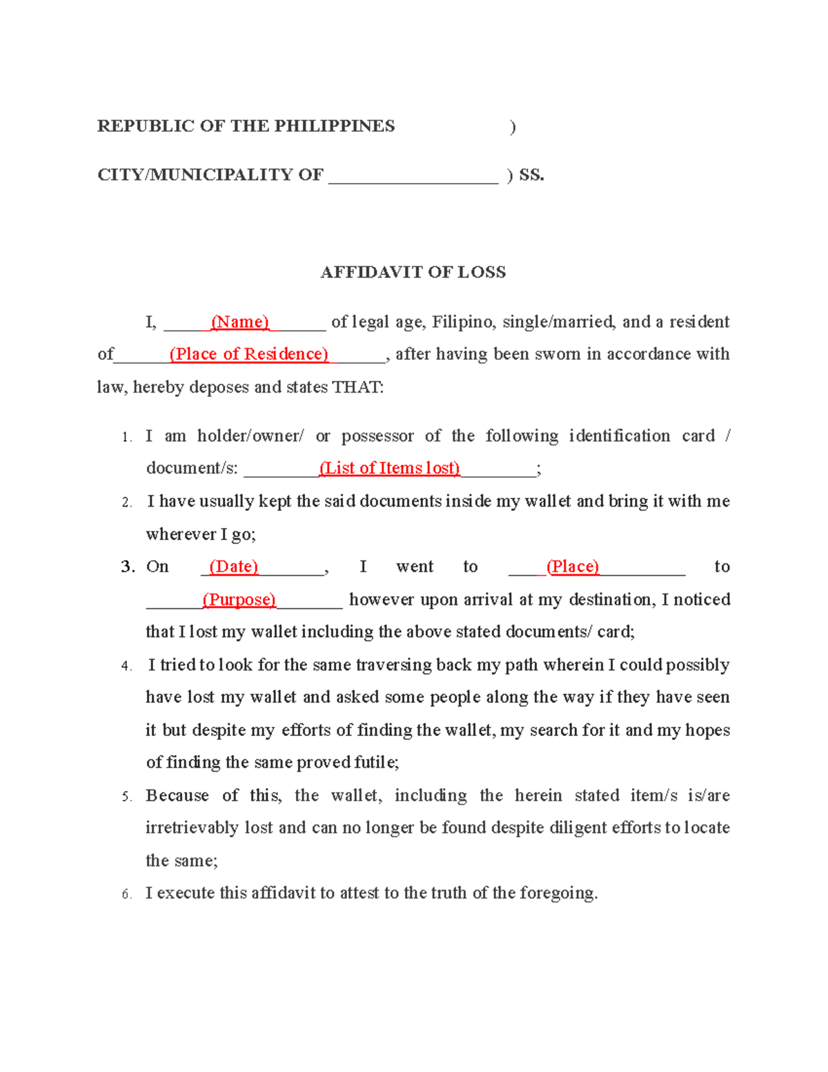 Affidavit of Loss of Driver's License and Wallet – Legal Document - Studocu