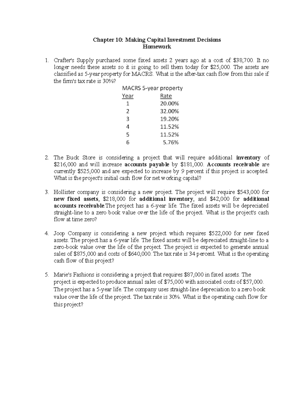 Chap 10 HW Making capital investment decision - Chapter 10: Making ...