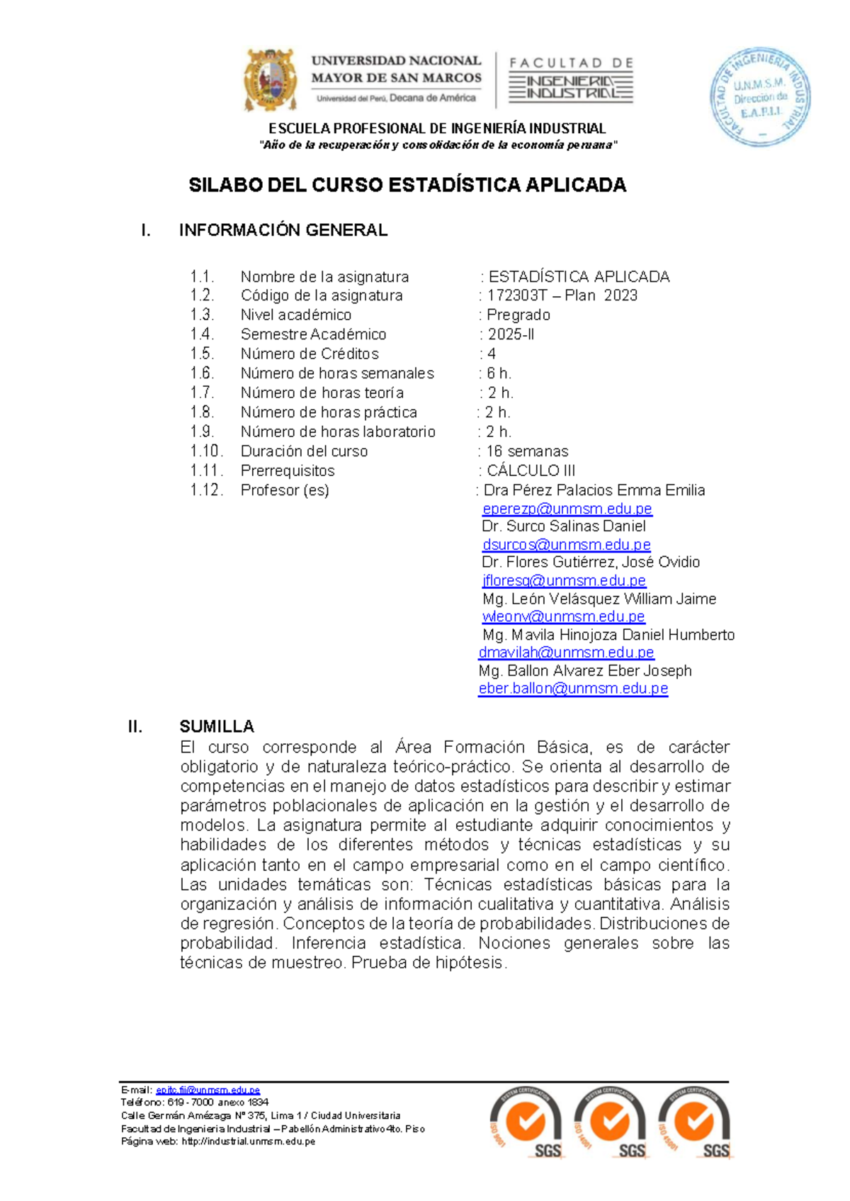 Silabo del Curso ESTADÍSTICA APLICADA I - 172303T 2025-2 - Studocu