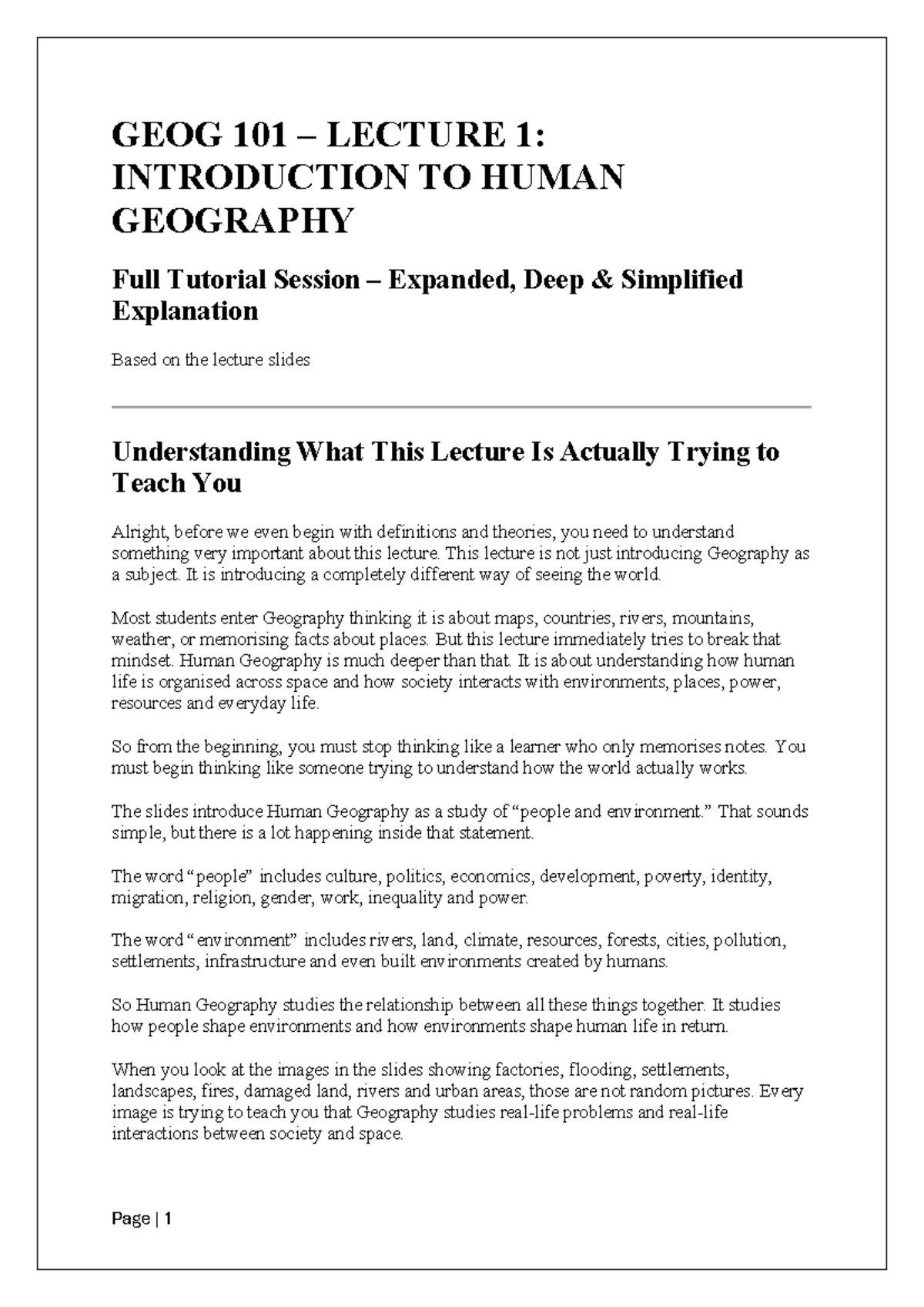 GEOG 101 LECTURE 1: INTRODUCTION TO HUMAN GEOGRAPHY - Key Concepts and ...