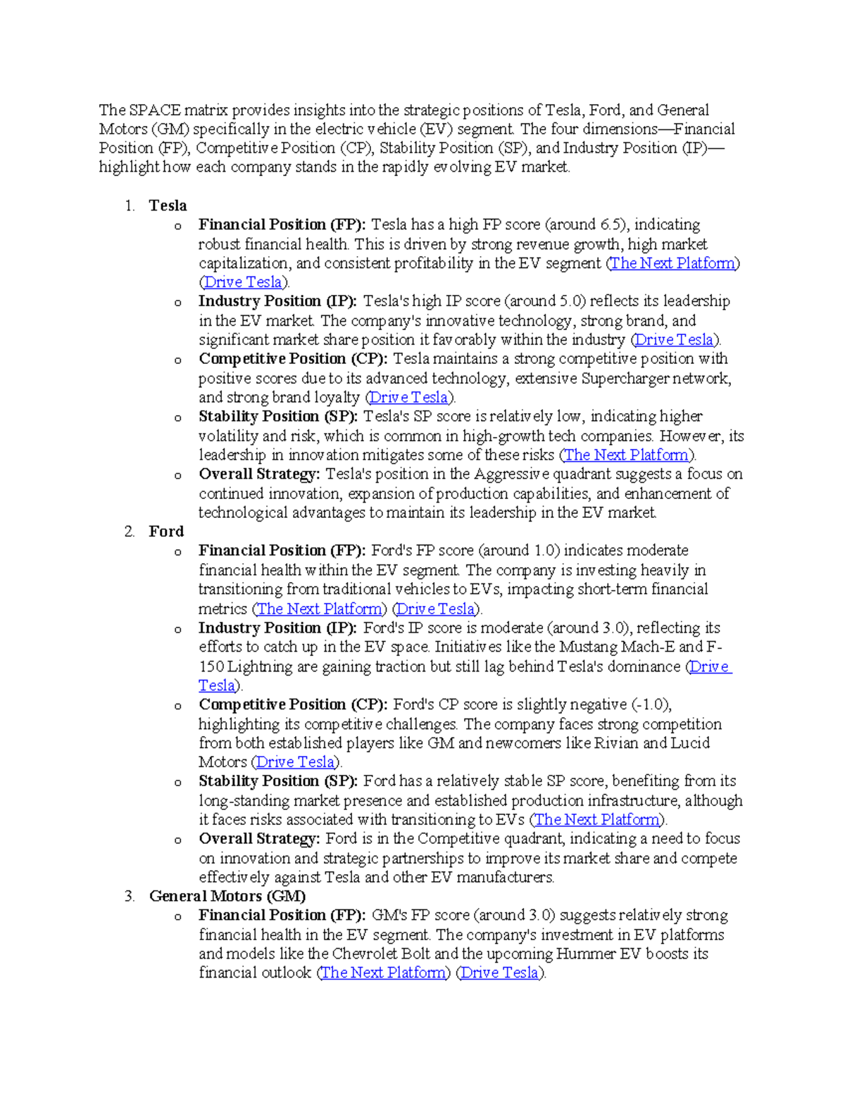 Strategic Analysis of Tesla, Ford, and GM via SPACE Matrix in EV Market ...