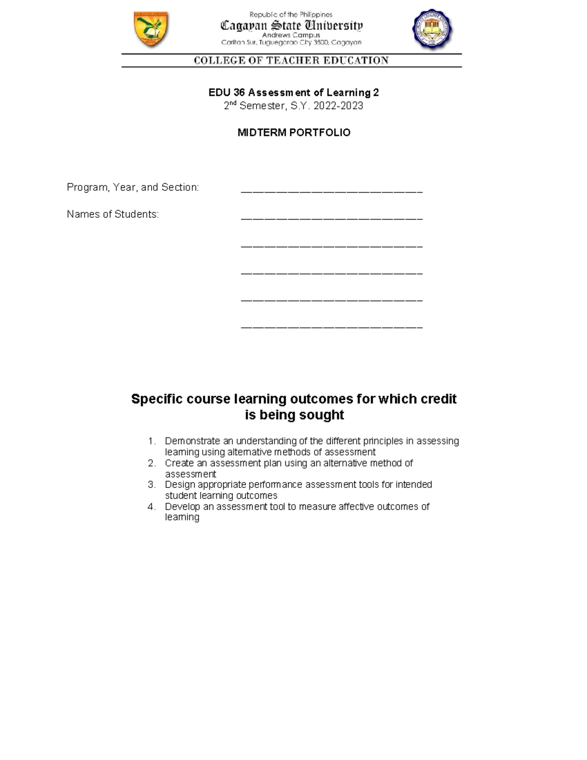EDU 36 Midterm Portfolio Rubric for Assessment of Learning 2 - Studocu