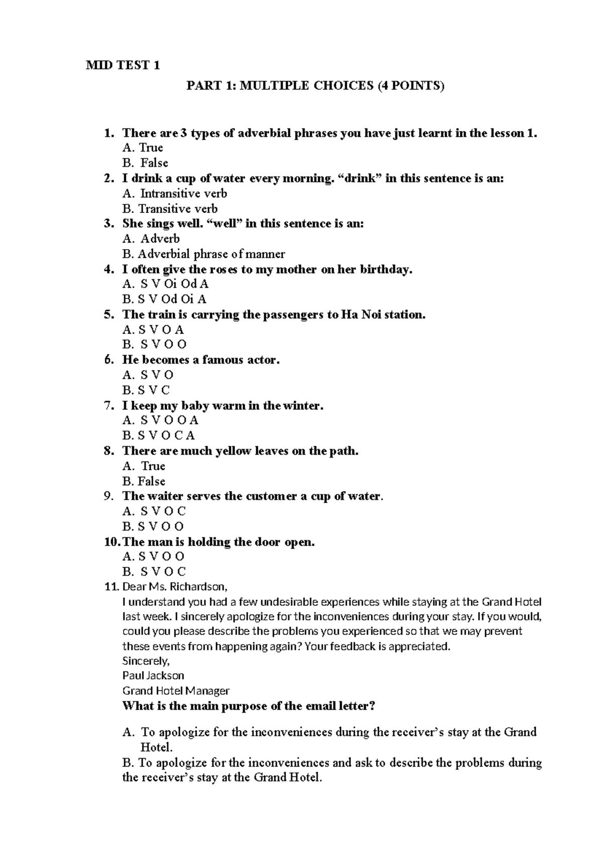MID TEST 1 PART 1: MULTIPLE CHOICE QUESTIONS - NGỮ PHÁP NÂNG CAO - Studocu