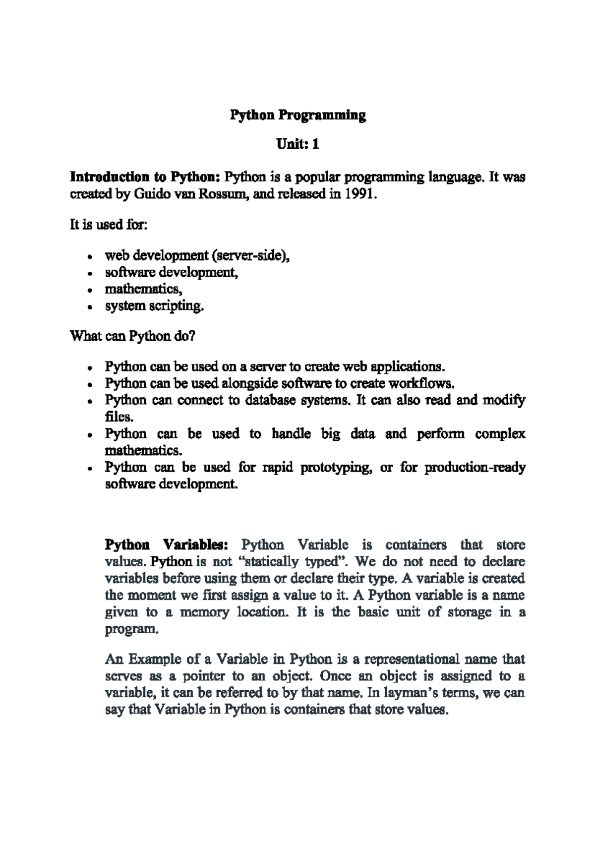 Python Programming Unit 1: Intro to Python Variables & Operators - Studocu