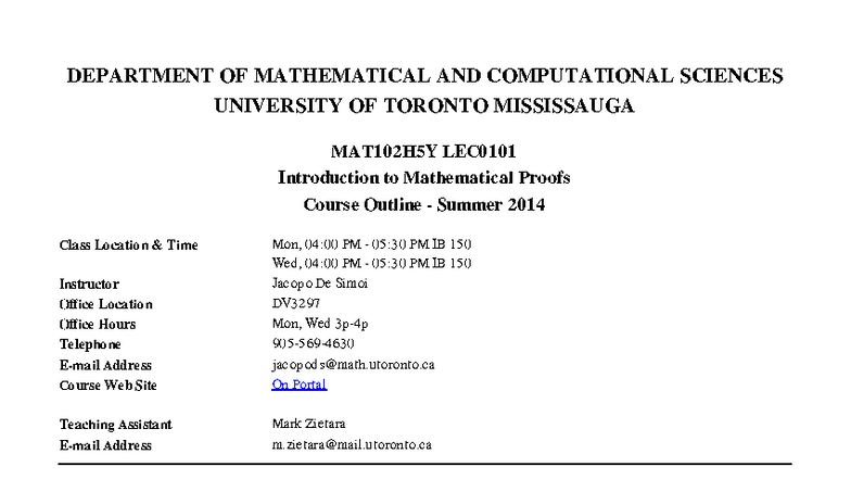 MAT102H5Y - Introduction to Mathematical Proofs Course Syllabus - Studocu