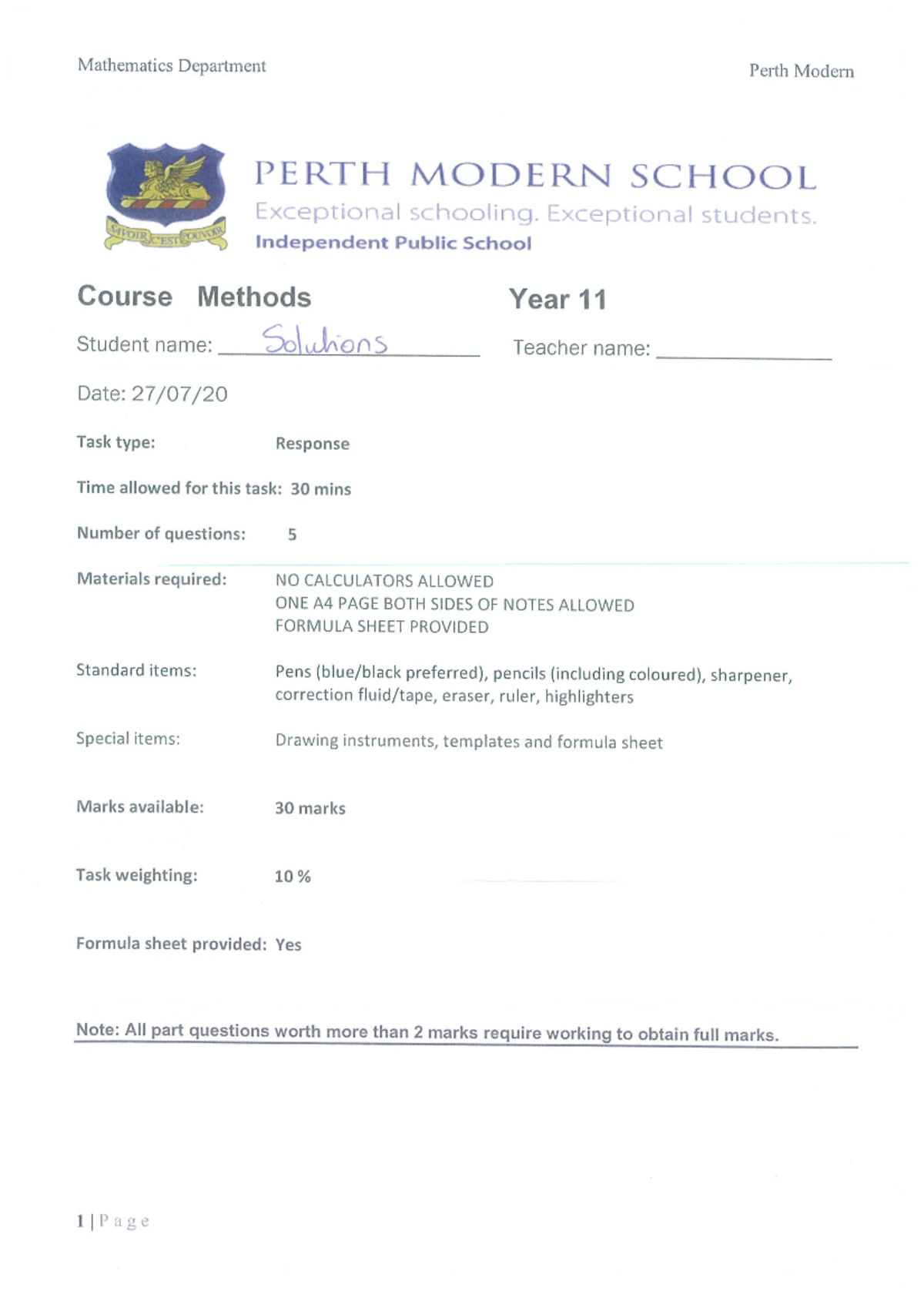 Mathematics Methods Year 11 TEST 2 Solutions - 2020 Edition - Studocu