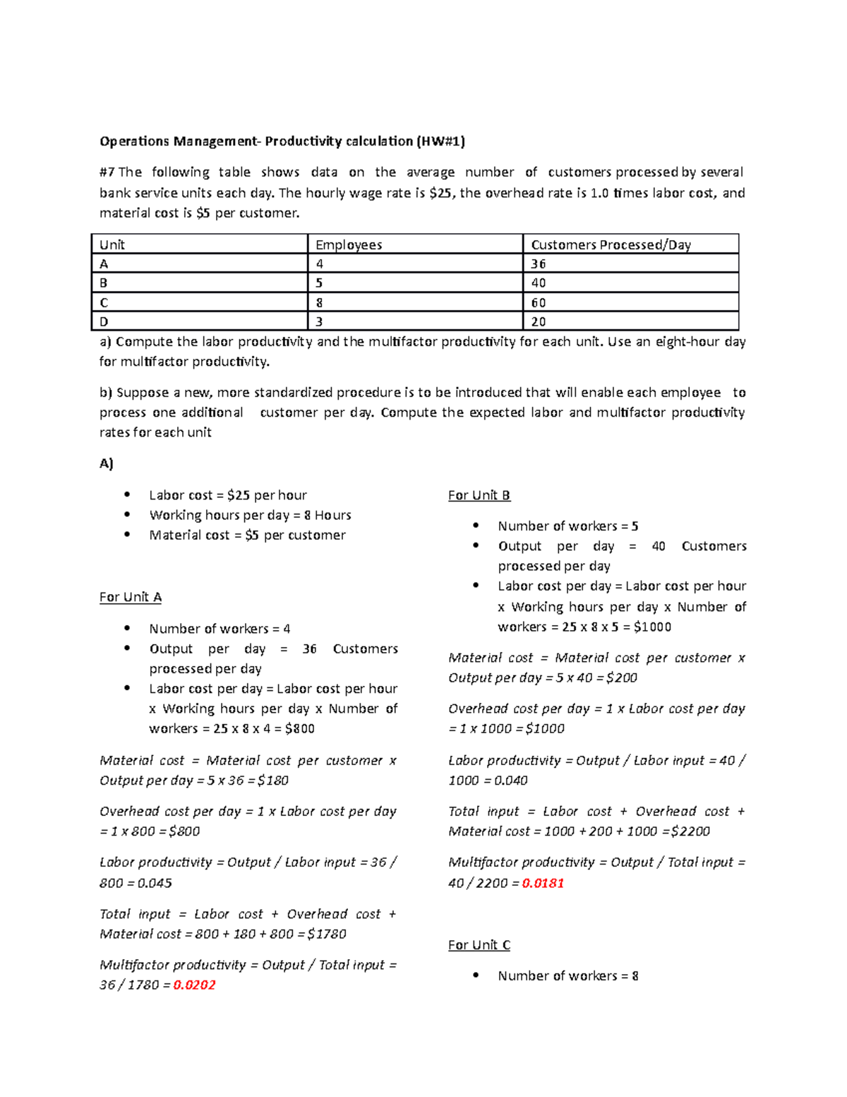 Operations Management - Productivity Calculation Homework #7 - Studocu