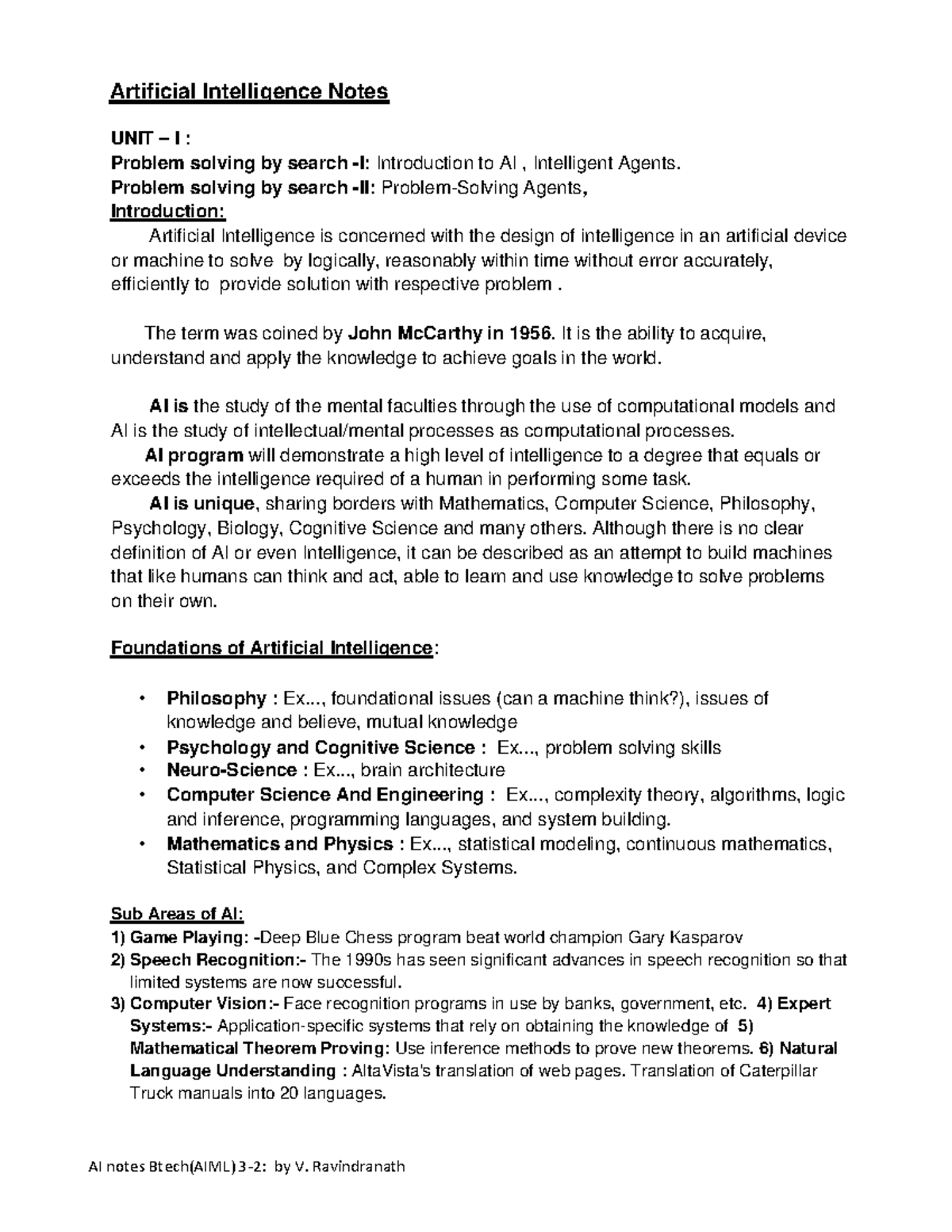 UNIT 1 AI Notes - AI notes Btech(AIML) 3-2: by V. Ravindranath ...