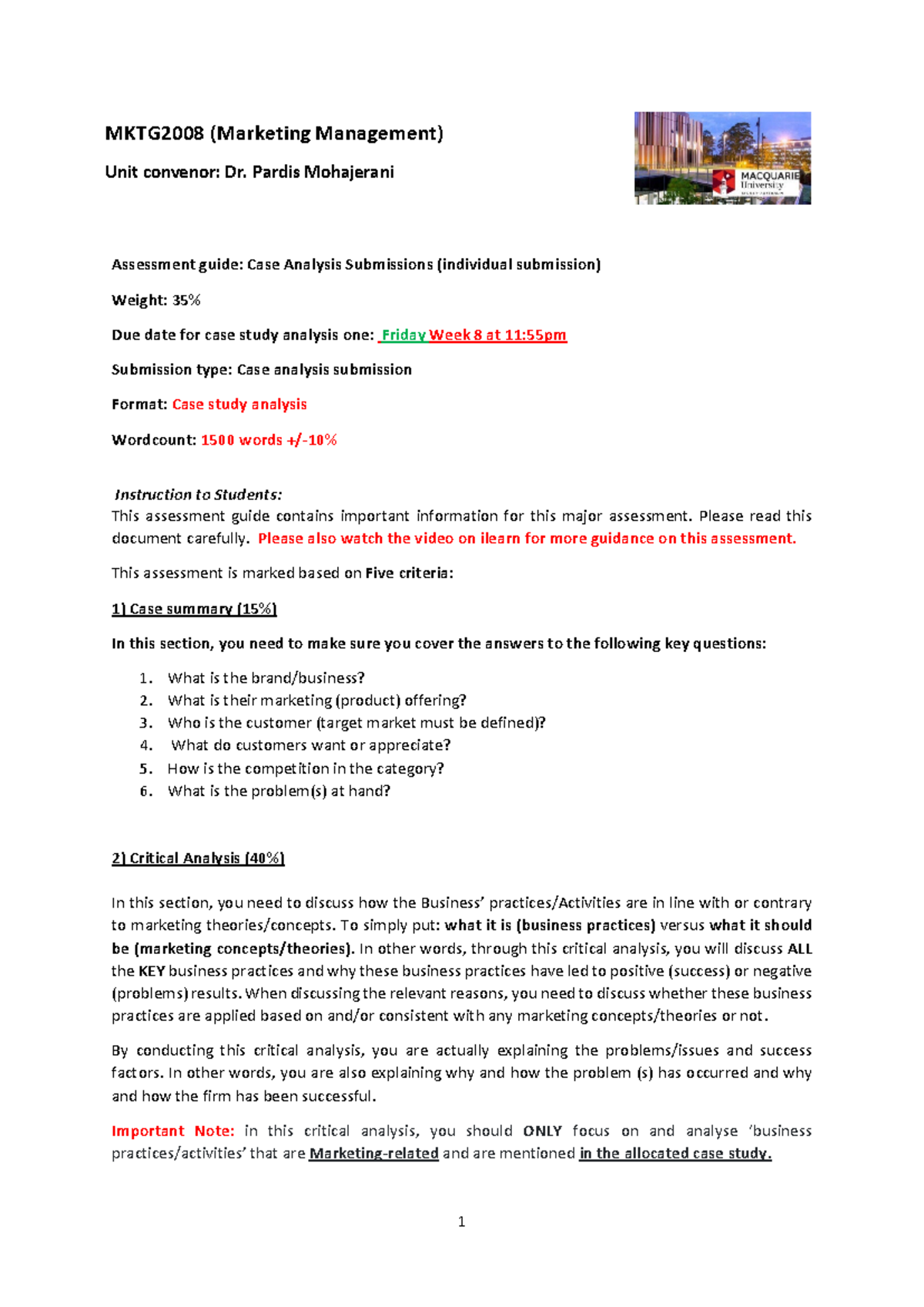 MKTG2008- case analysis assessment guide - Assessment guide: Case ...
