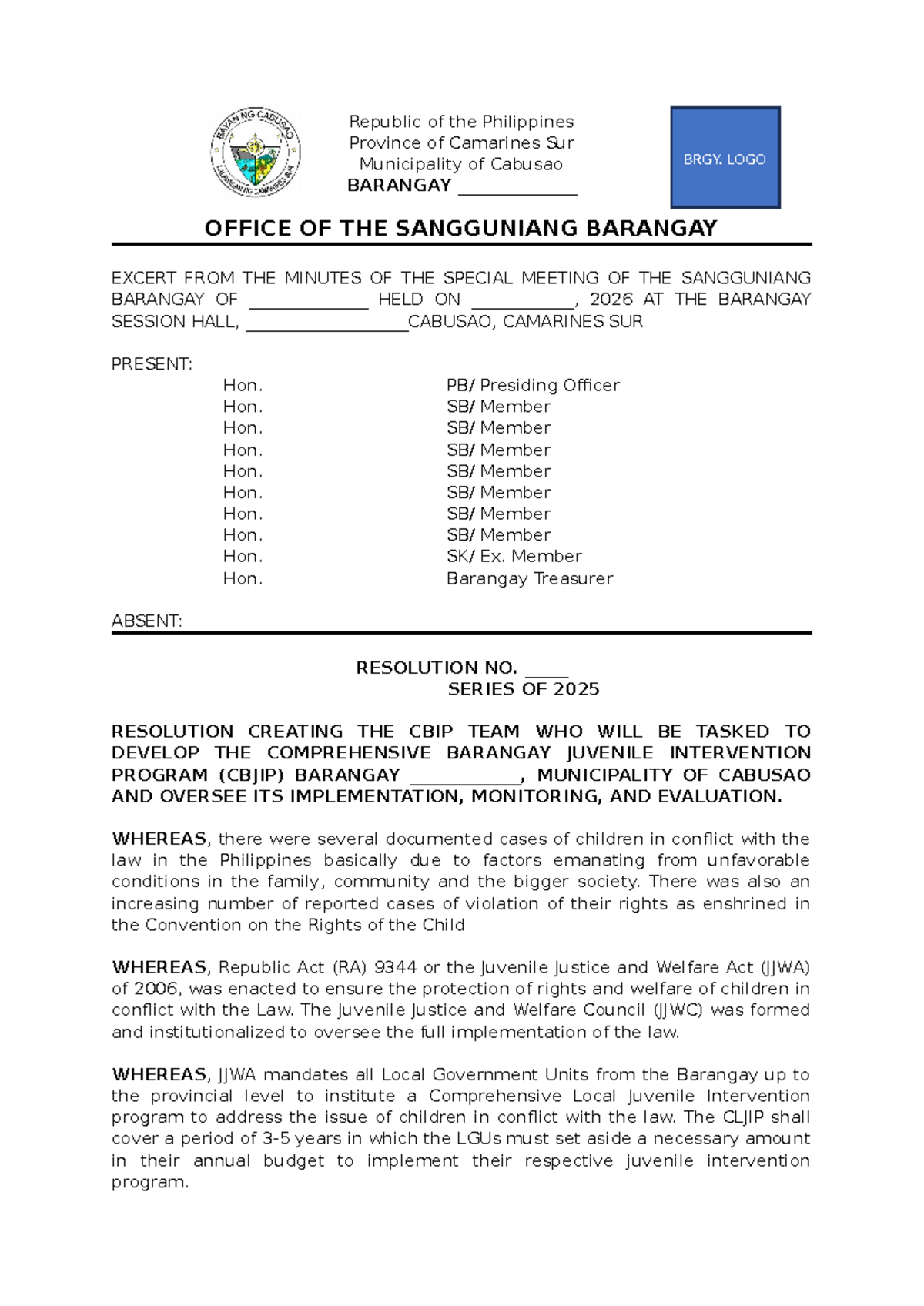CBJIP Resolution: Creating the Comprehensive Barangay Juvenile ...