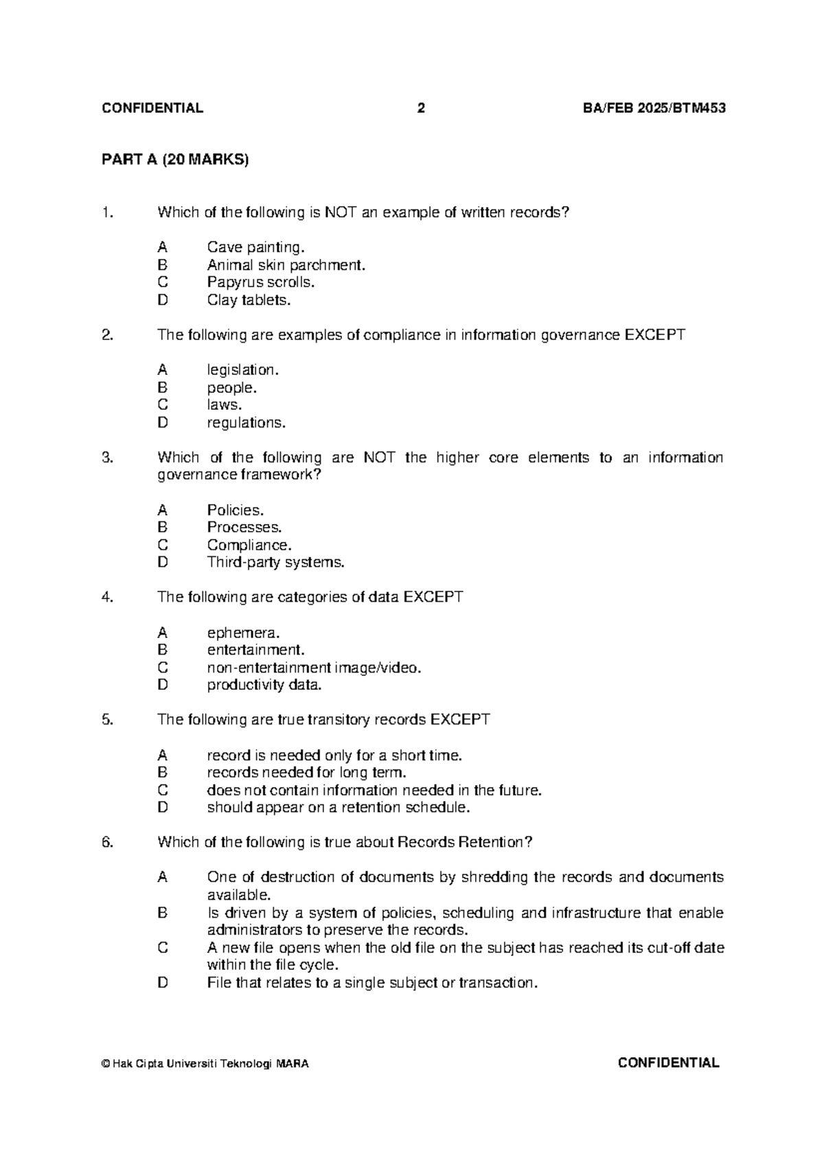 BTM453 20244 Records Management Question Exercise - Studocu