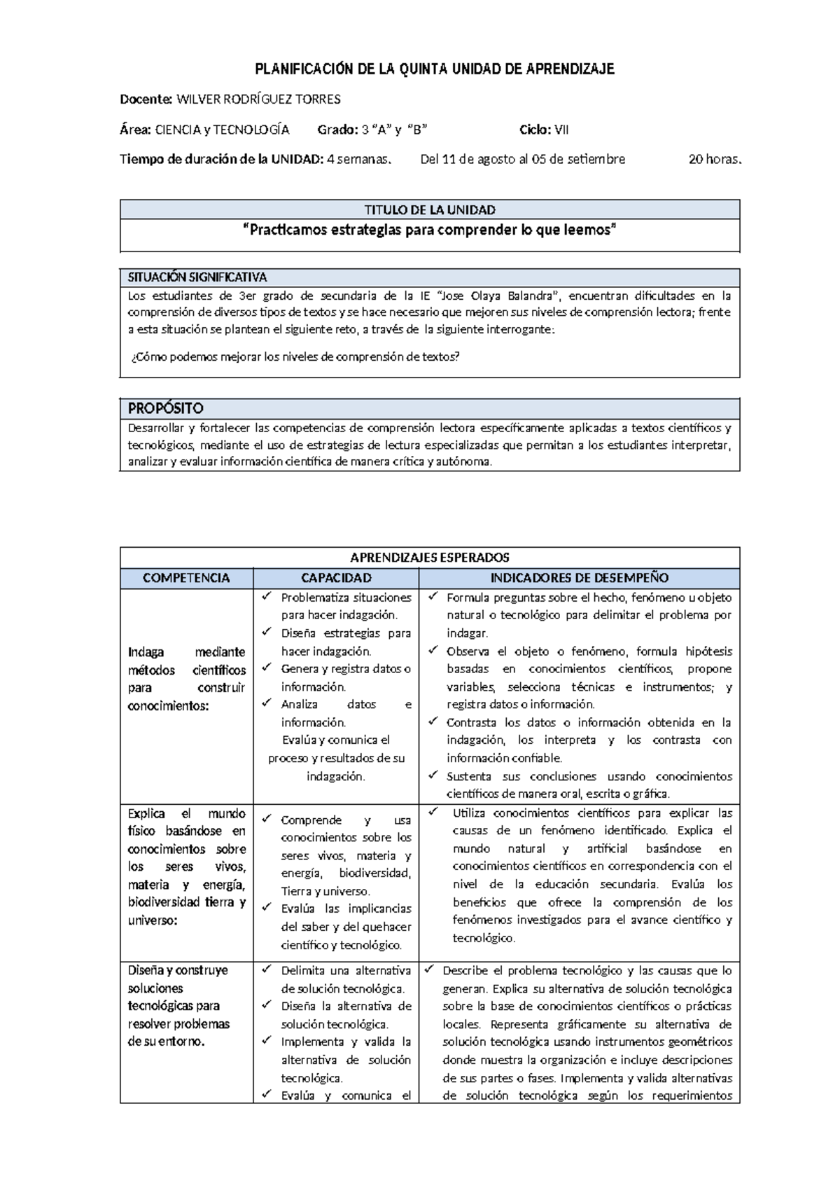 3° V. Unidad de Aprendizaje: Estrategias de Comprensión en CyT - Studocu