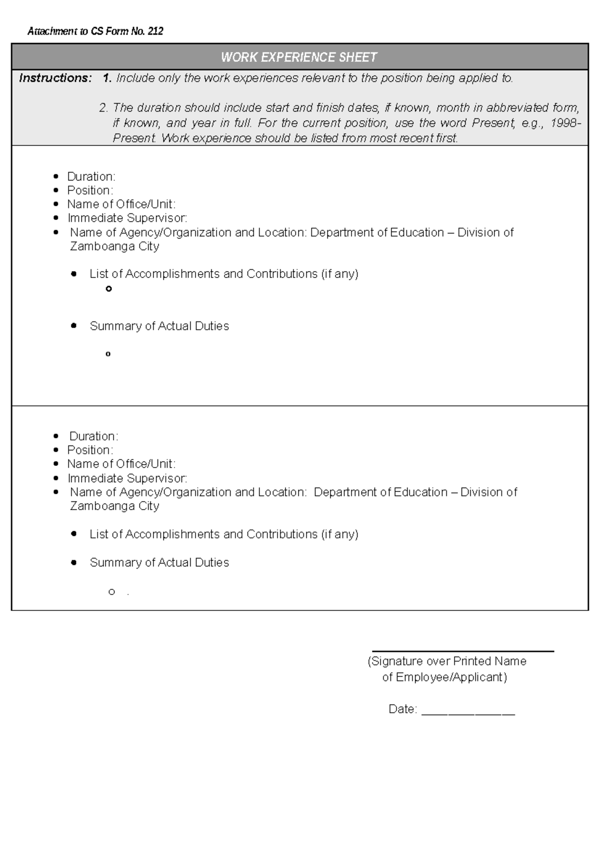 CS Form 212 Attachment: Blank Work Experience Sheet Template - Studocu