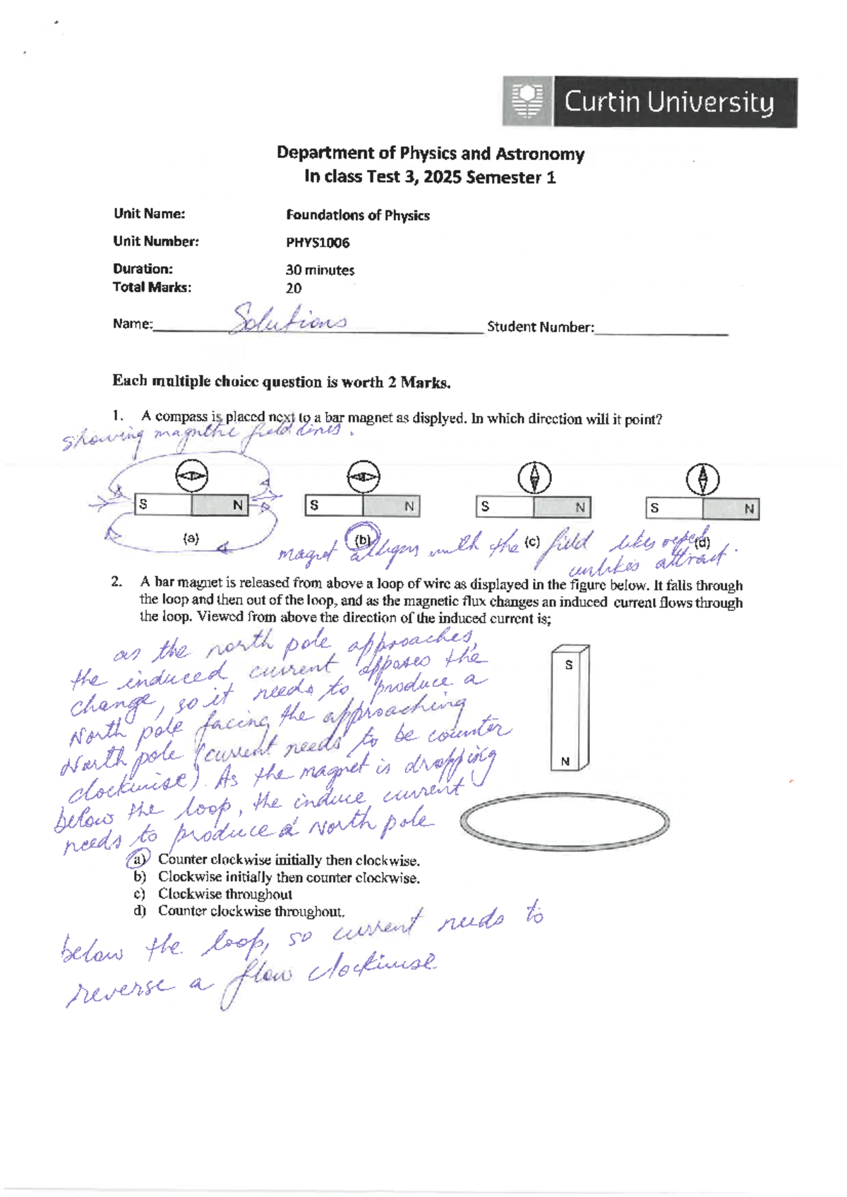 In-Class Test 3 Solutions for PHYS1006 - Foundations of Physics 2025 ...