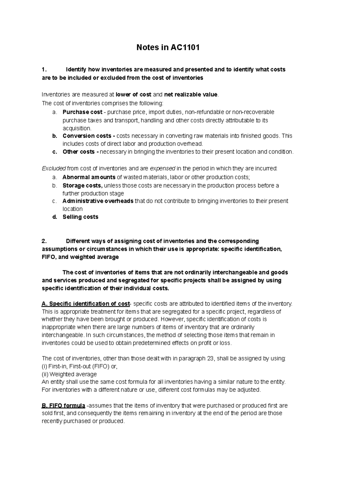 Intacc-2 Lecture Notes: Understanding Inventory Costs & IAS Standards ...