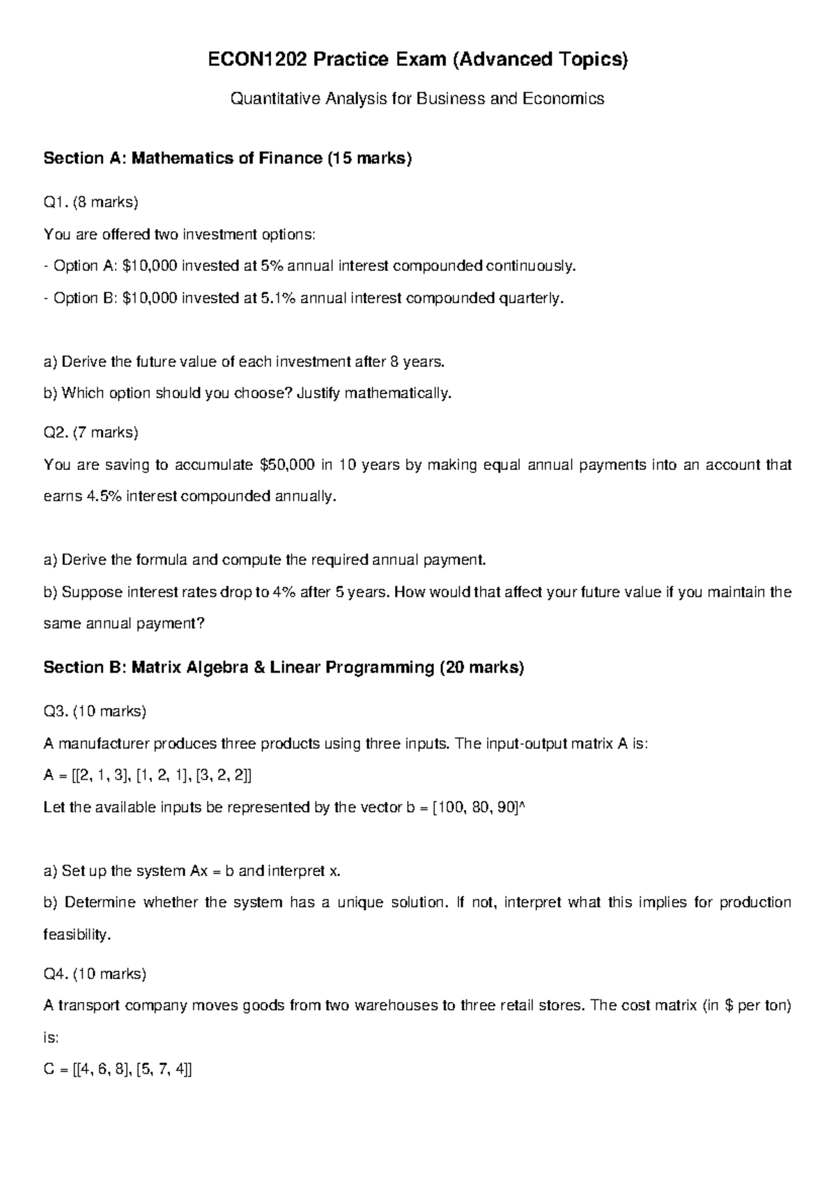 ECON1202 Final Exam Practice: Quantitative Analysis & Advanced Topics ...