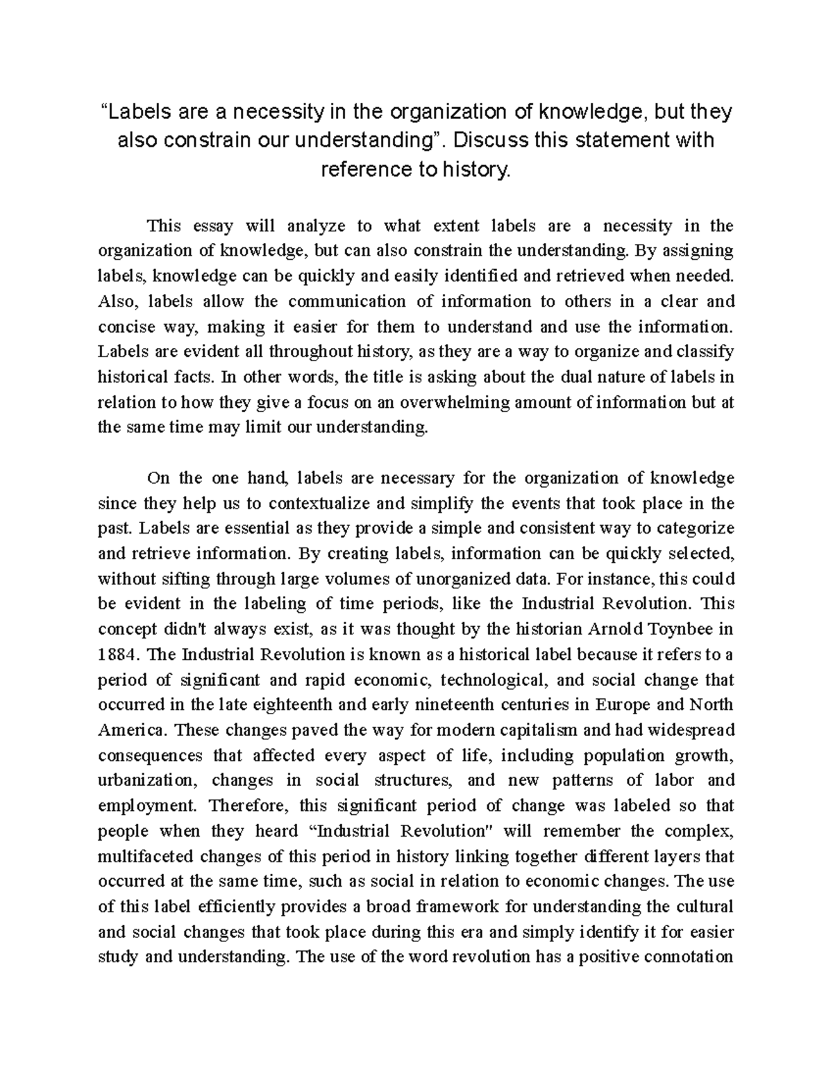 TOK Essay: Are Labels Necessary in History? - Studocu