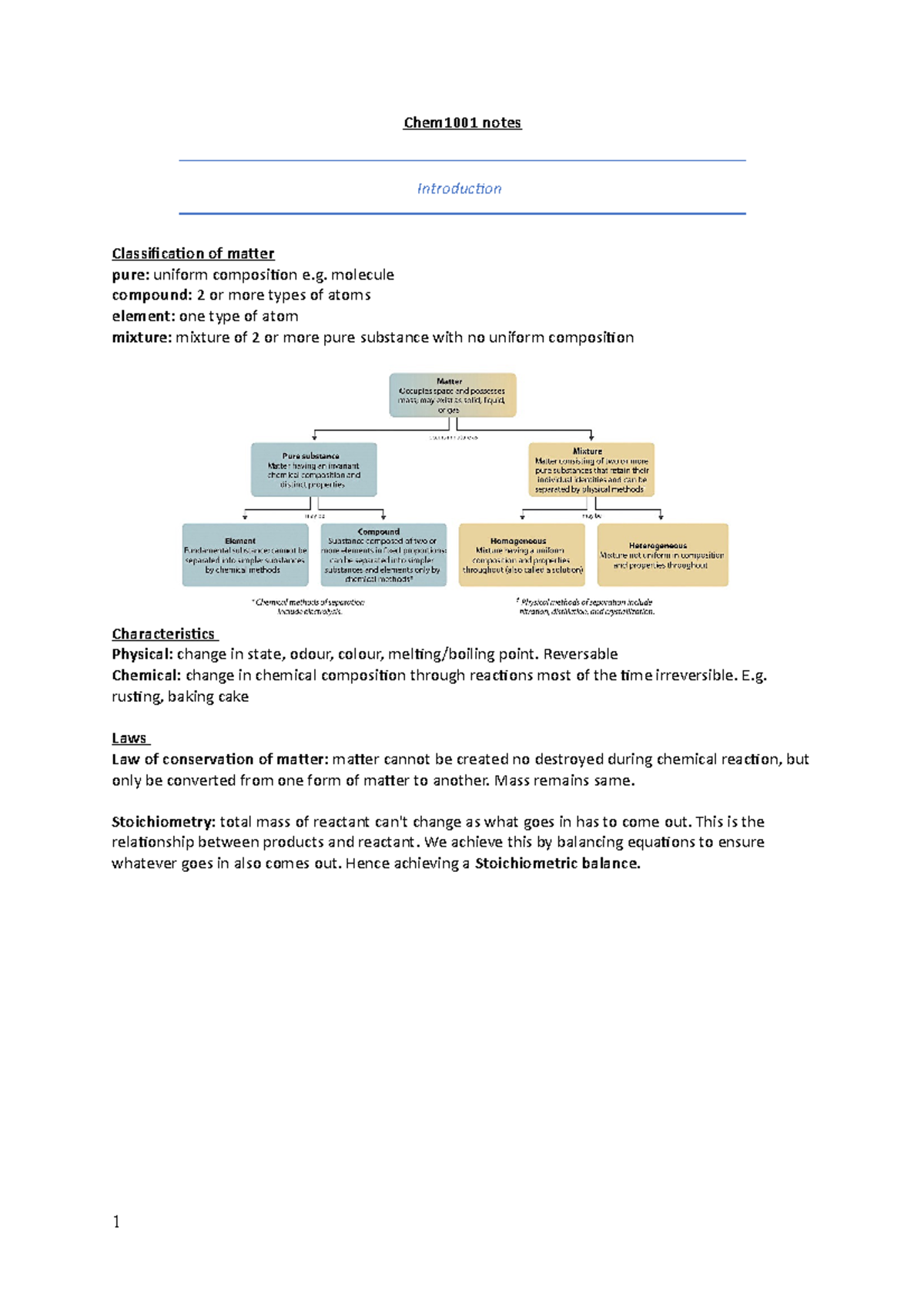 Chem1001 Comprehensive Study Notes on Matter and Reactions - Document Preview