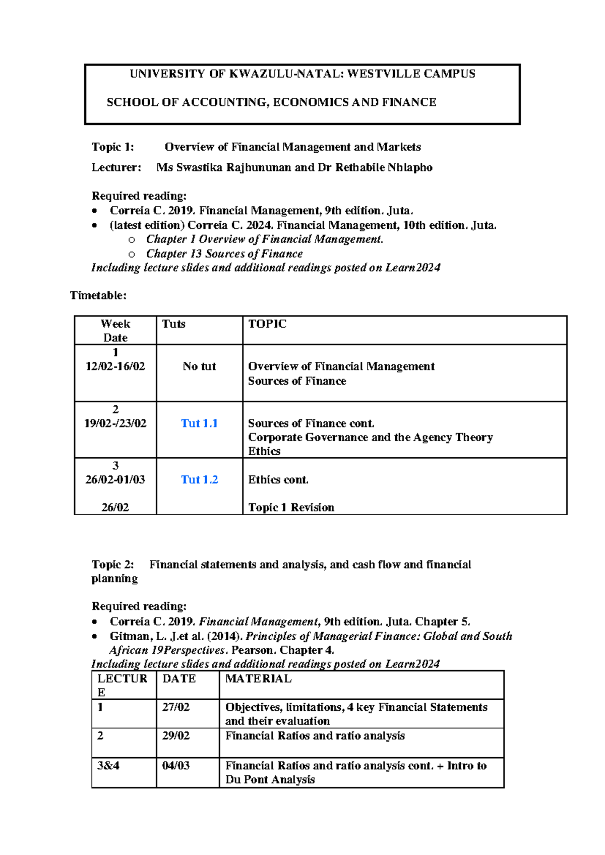 Module outline - UNIVERSITY OF KWAZULU-NATAL: WESTVILLE CAMPUS SCHOOL ...