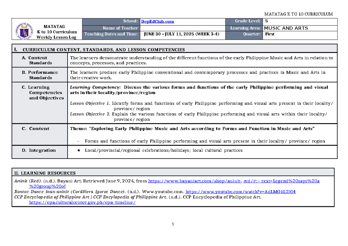 DLL Matatag K to 10 Music & Arts 5 Q1 Weekly Lesson Log - Studocu
