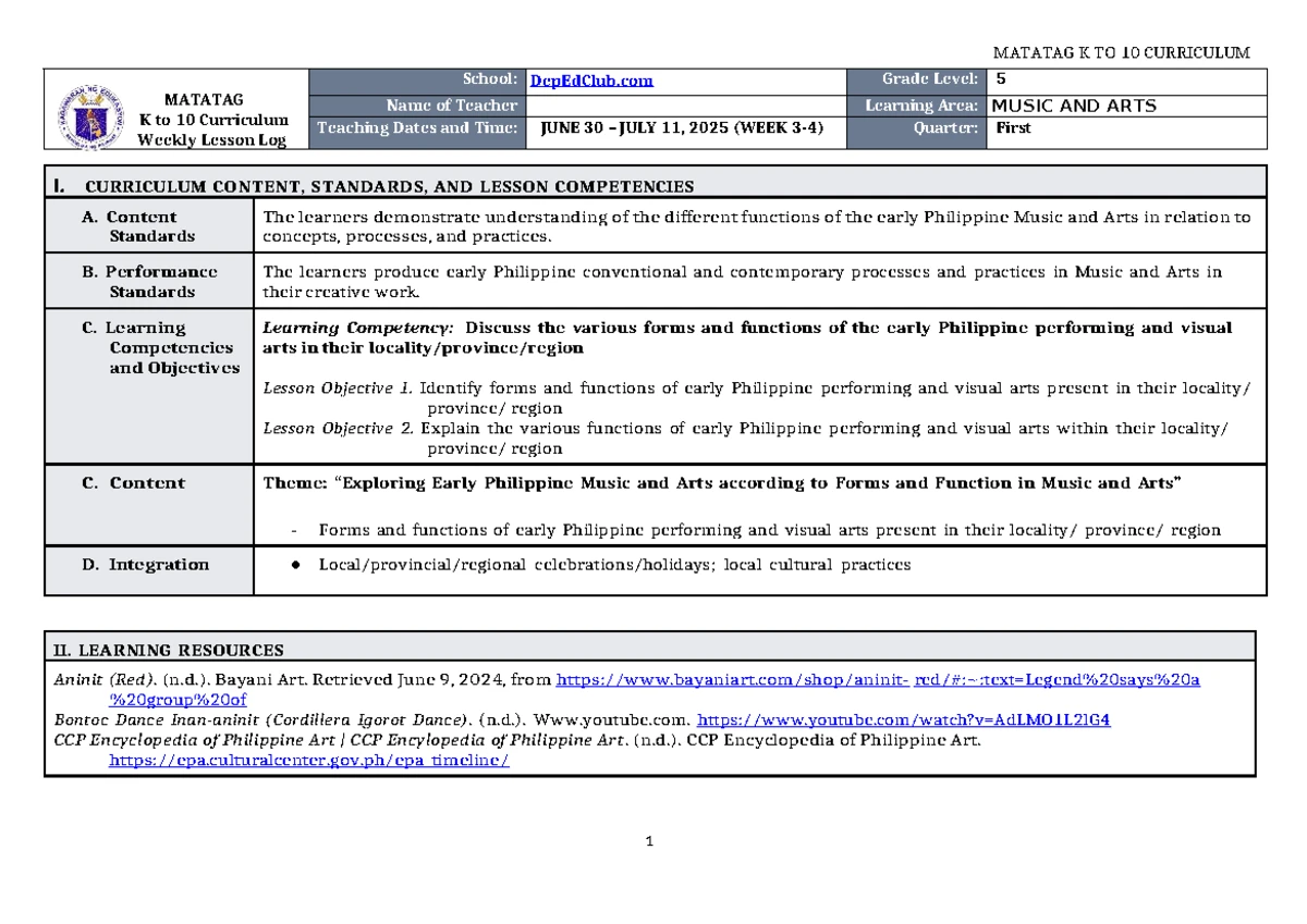 DLL Filipino 6 Q1 W5: Daily Lesson Log for Grades 1-12 - Studocu