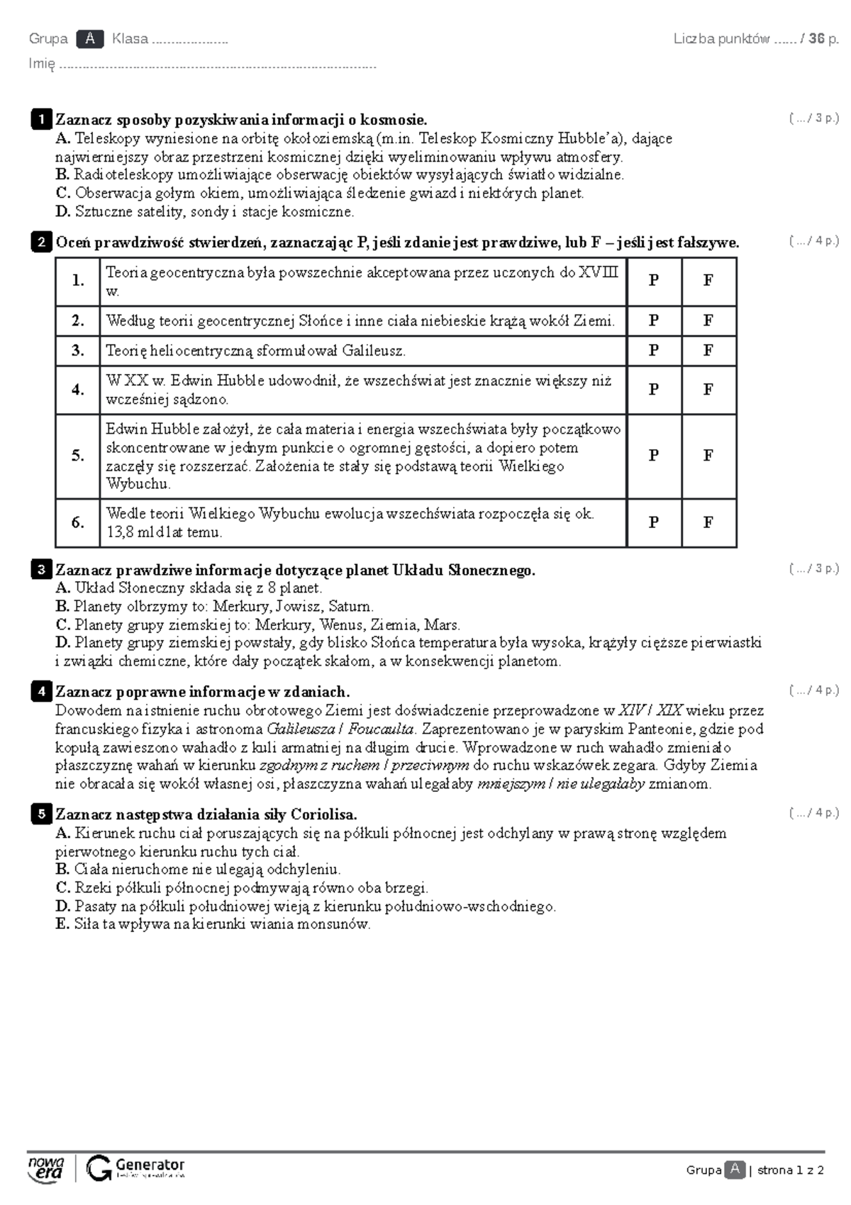 Ziemia We Wrzechświecie Geografia Sprawdzian 1