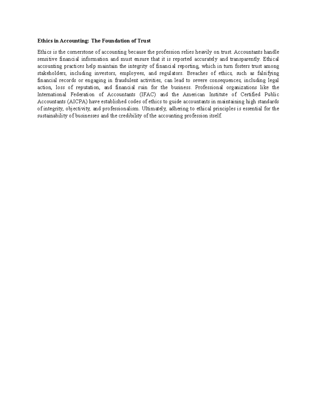 Ethics in Accounting: Foundations of Trust and Integrity - Studocu