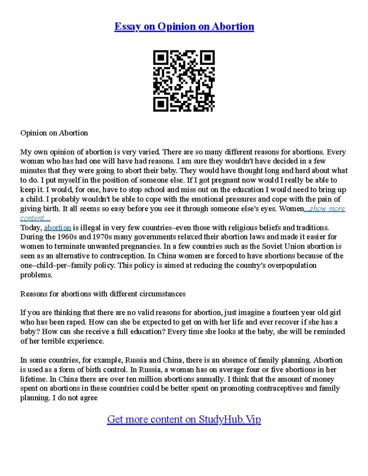 Abortion Perspectives: An In-Depth Essay Analysis (ENG101) - Studocu