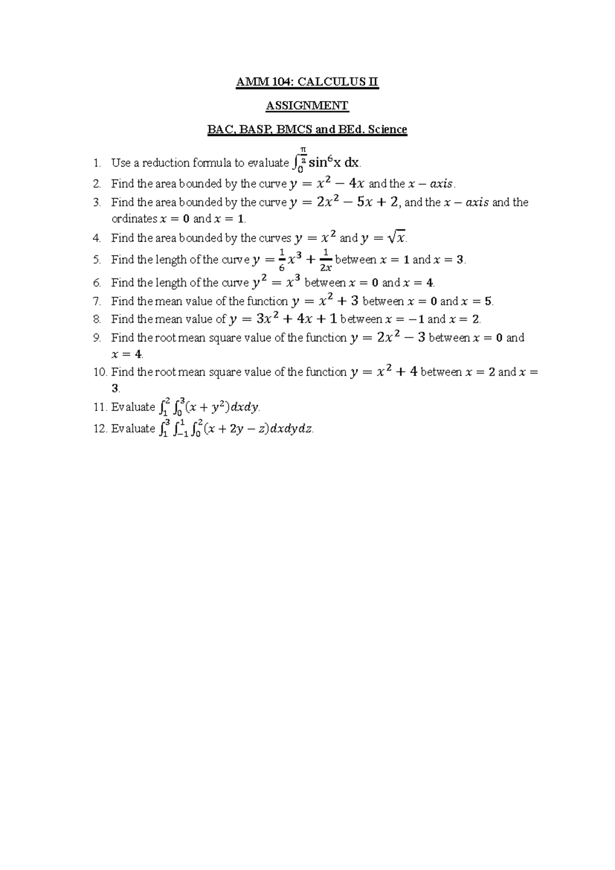 AMM 104: Calculus II Assignment Questions and Solutions - Studocu