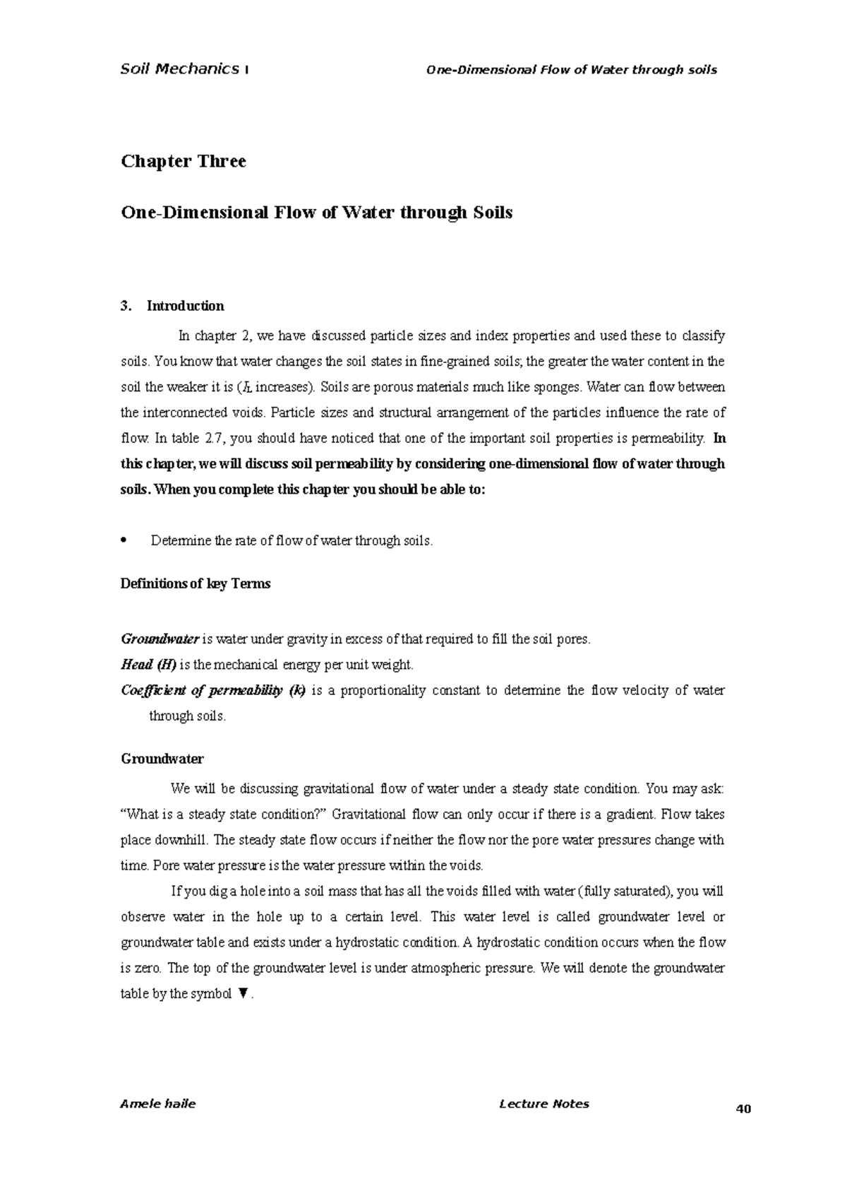 Soil Mechanics I: Chapter 3 - One-Dimensional Flow of Water Through ...
