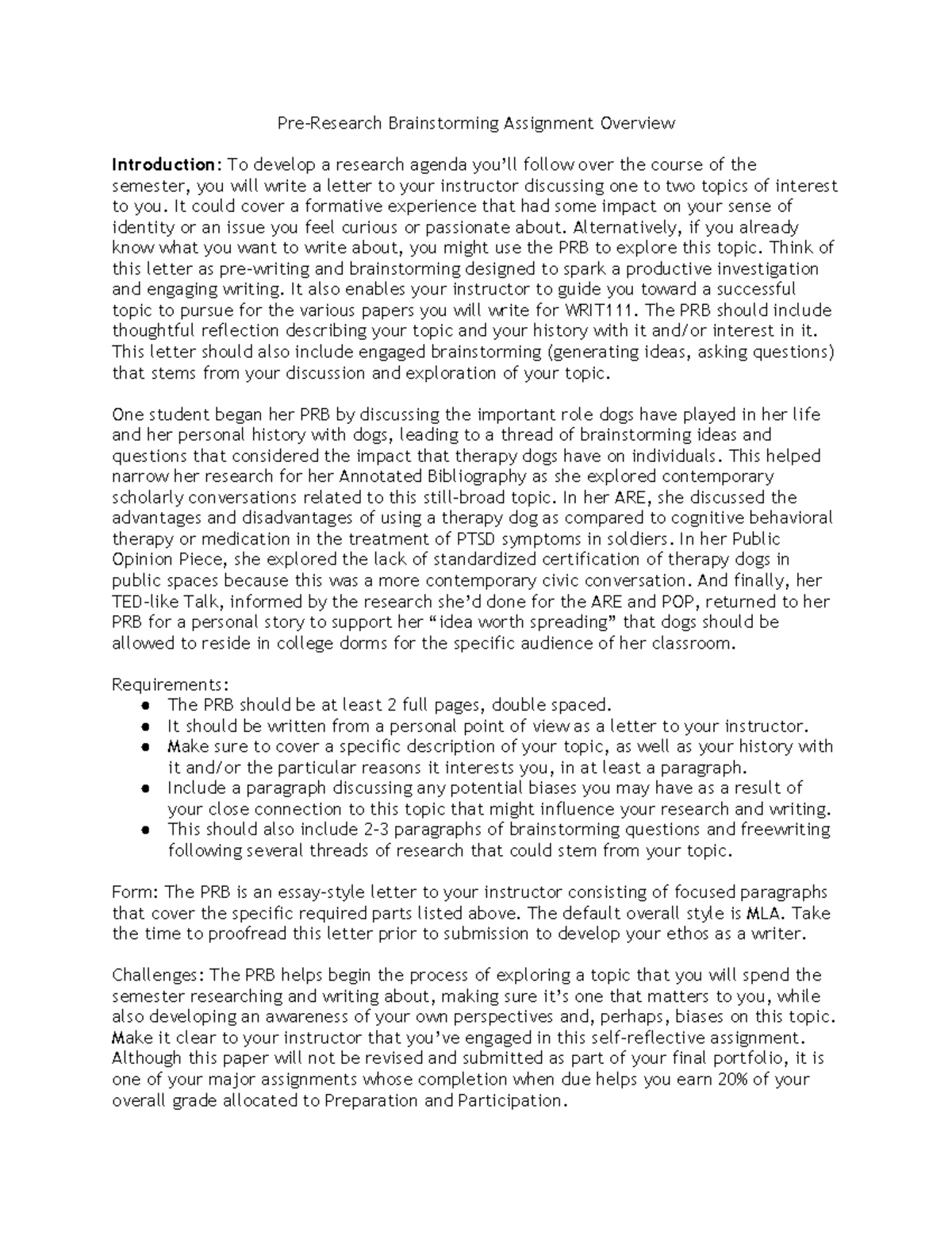 Pre-Research Brainstorming Assignment Overview (ENG 101) - Studocu