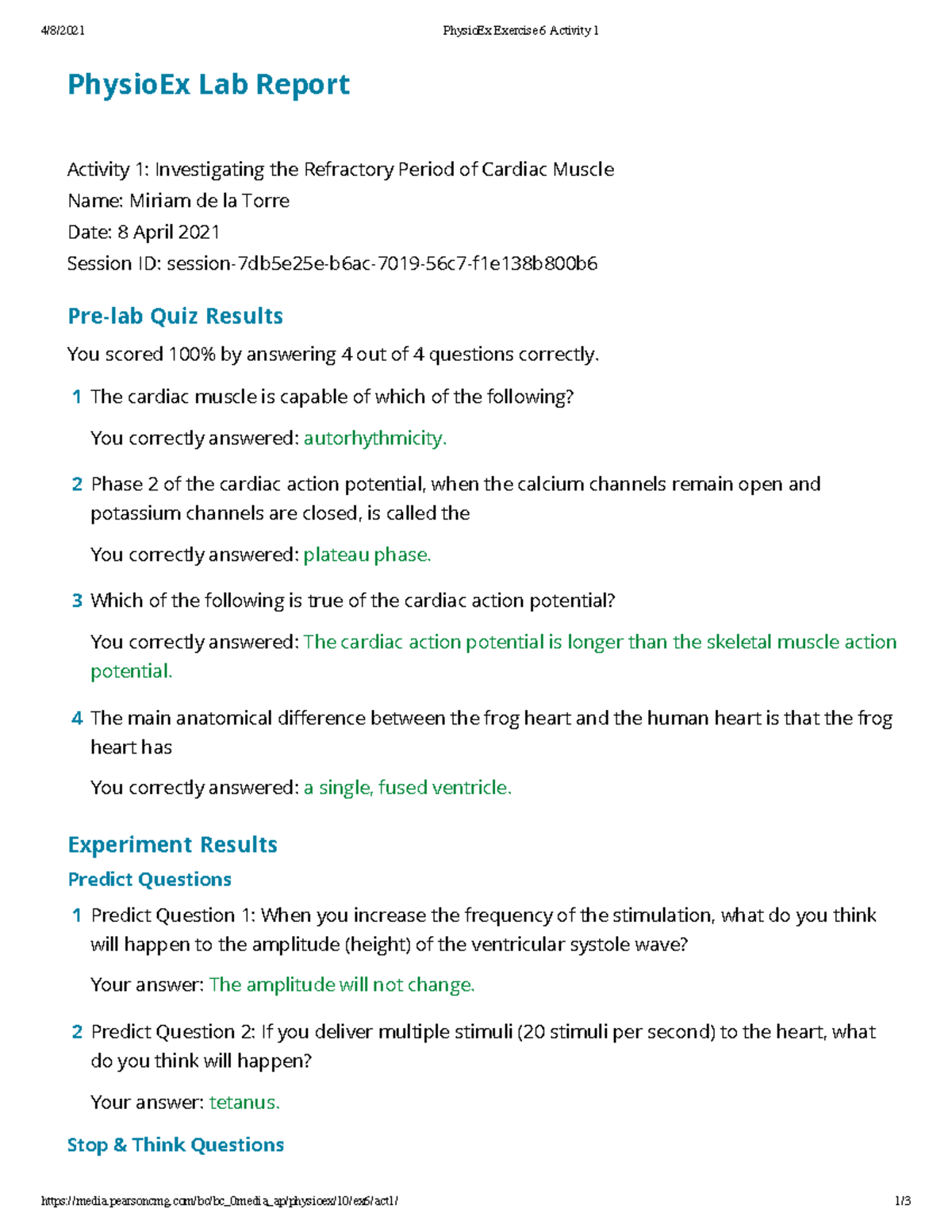 PhysioEx Exercise 6 Activity 1: Cardiovascular Physiology - Studocu