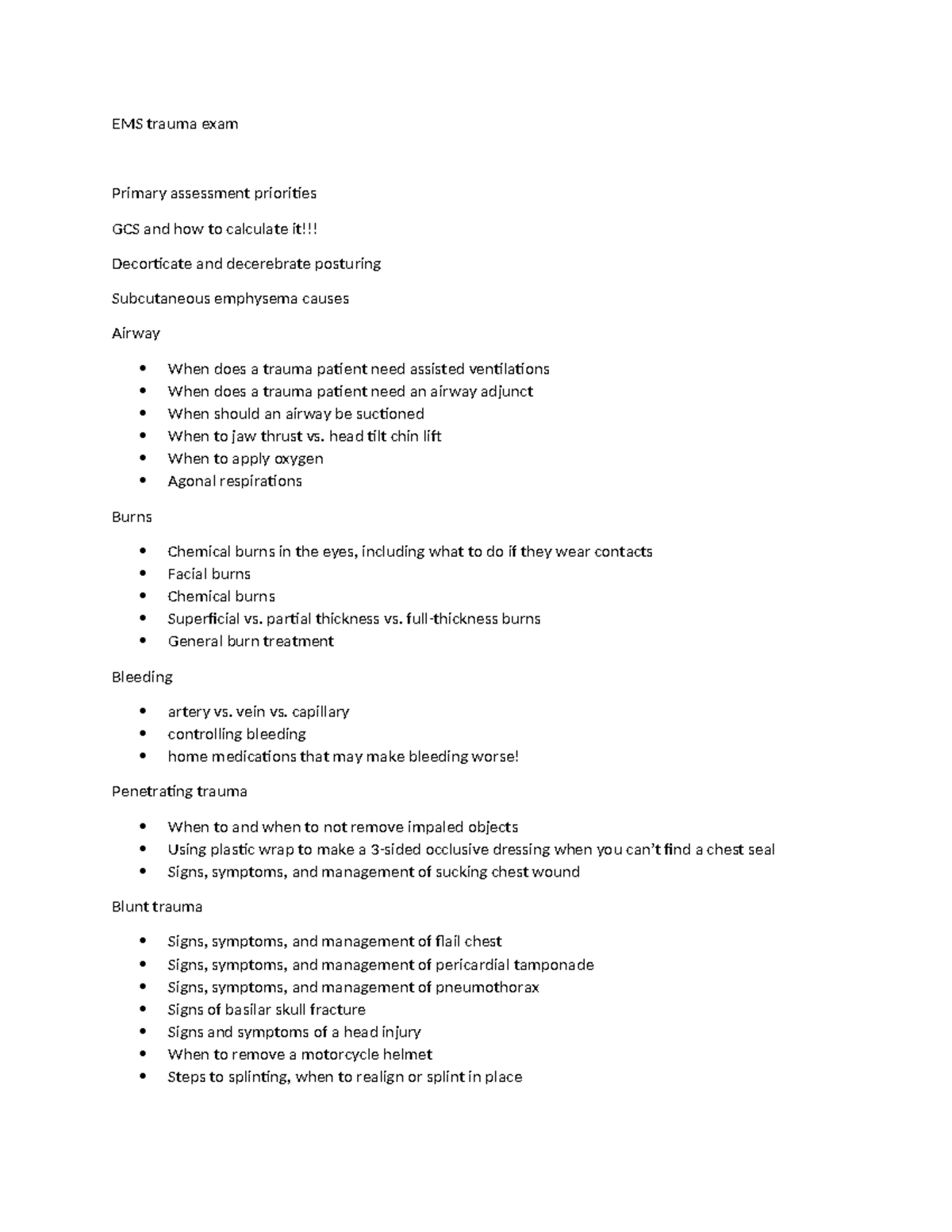 Trauma Review Study Notes (EMS 3): Primary Assessments & Interventions ...
