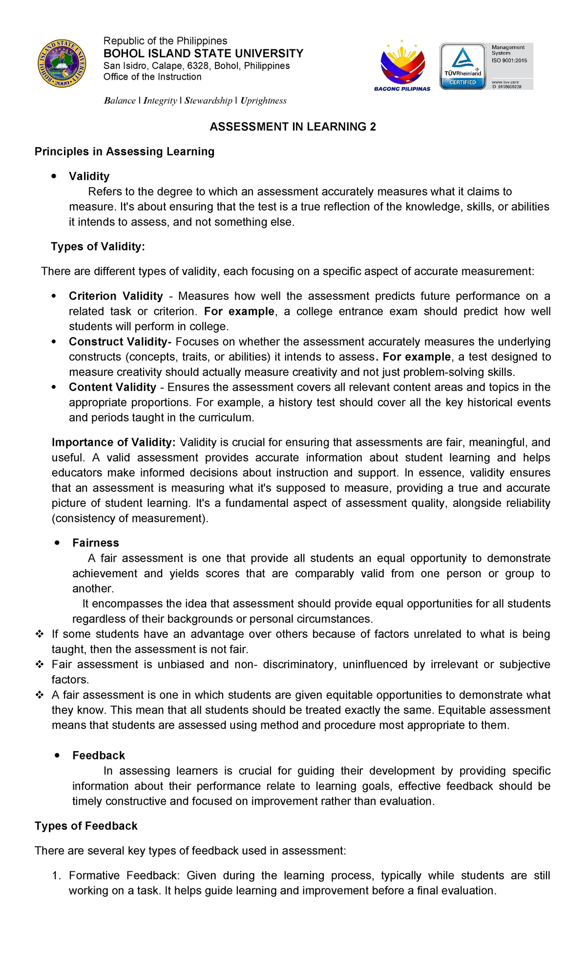 ASL2 handouts on principles of assessing learning and validity - Studocu