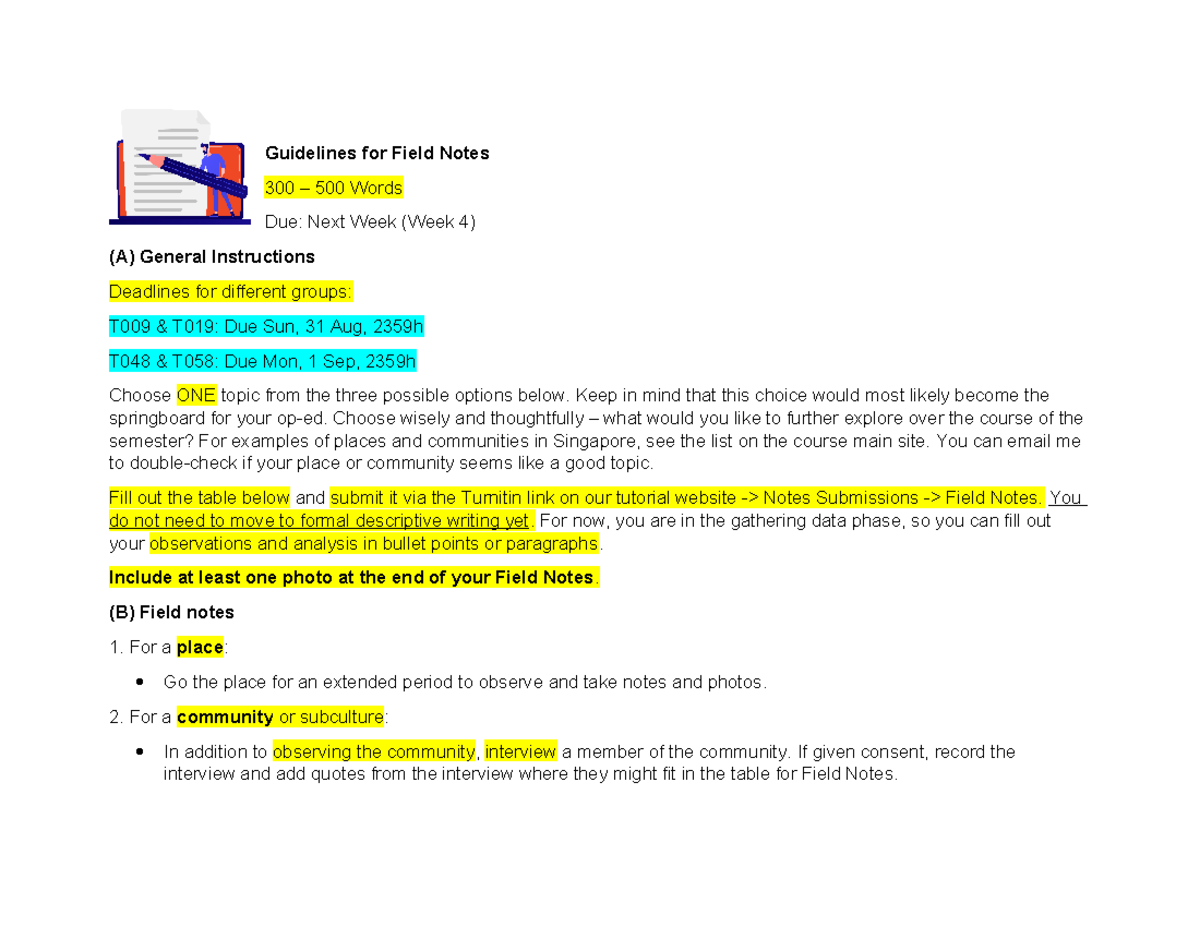 CC0001 - Field Notes Guidelines: Instructions & Deadlines - Studocu